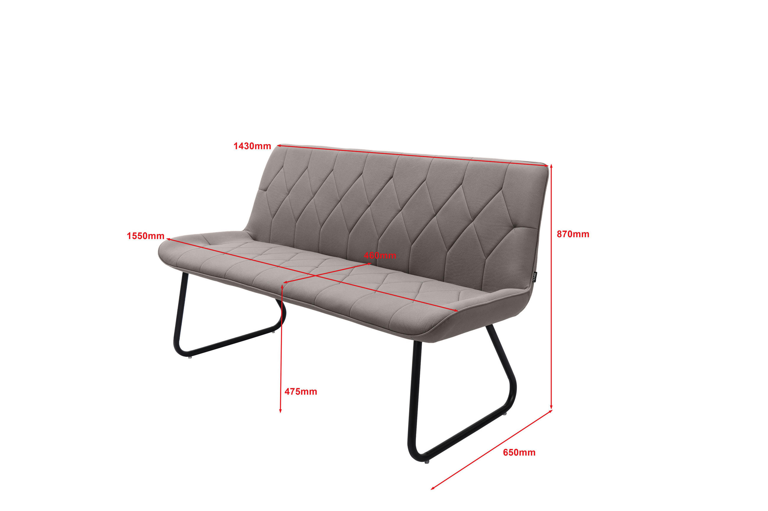 SITZBANK 155/87/65 cm Webstoff Grau, Edelstahlfarben  - Edelstahlfarben/Grau, Design, Textil/Metall (155/87/65cm) - Novel