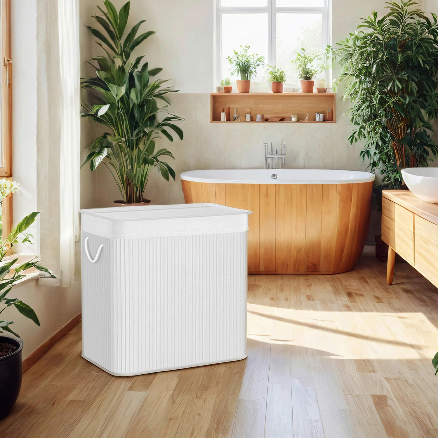 Thumbnail - Wäschekorb, Weiß, Metall, Textil, Naturmaterialien, 150 L, 60x61.5x40 cm, Tragegriffe, Deckel, Innenfutter, Ordnen & Auf...