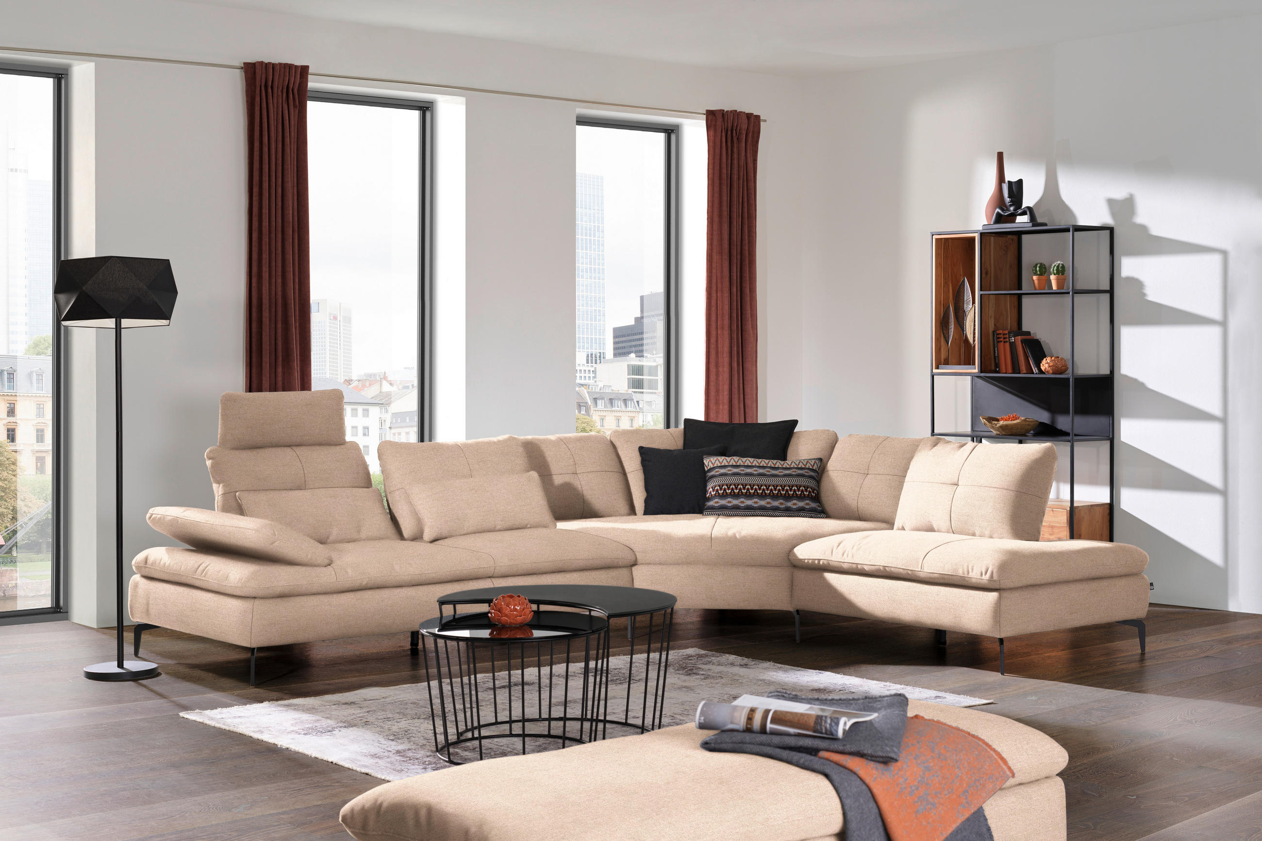 ECKSOFA in Flachgewebe Hellbraun  - Hellbraun/Schwarz, Design, Textil/Metall (344/271cm) - Chilliano
