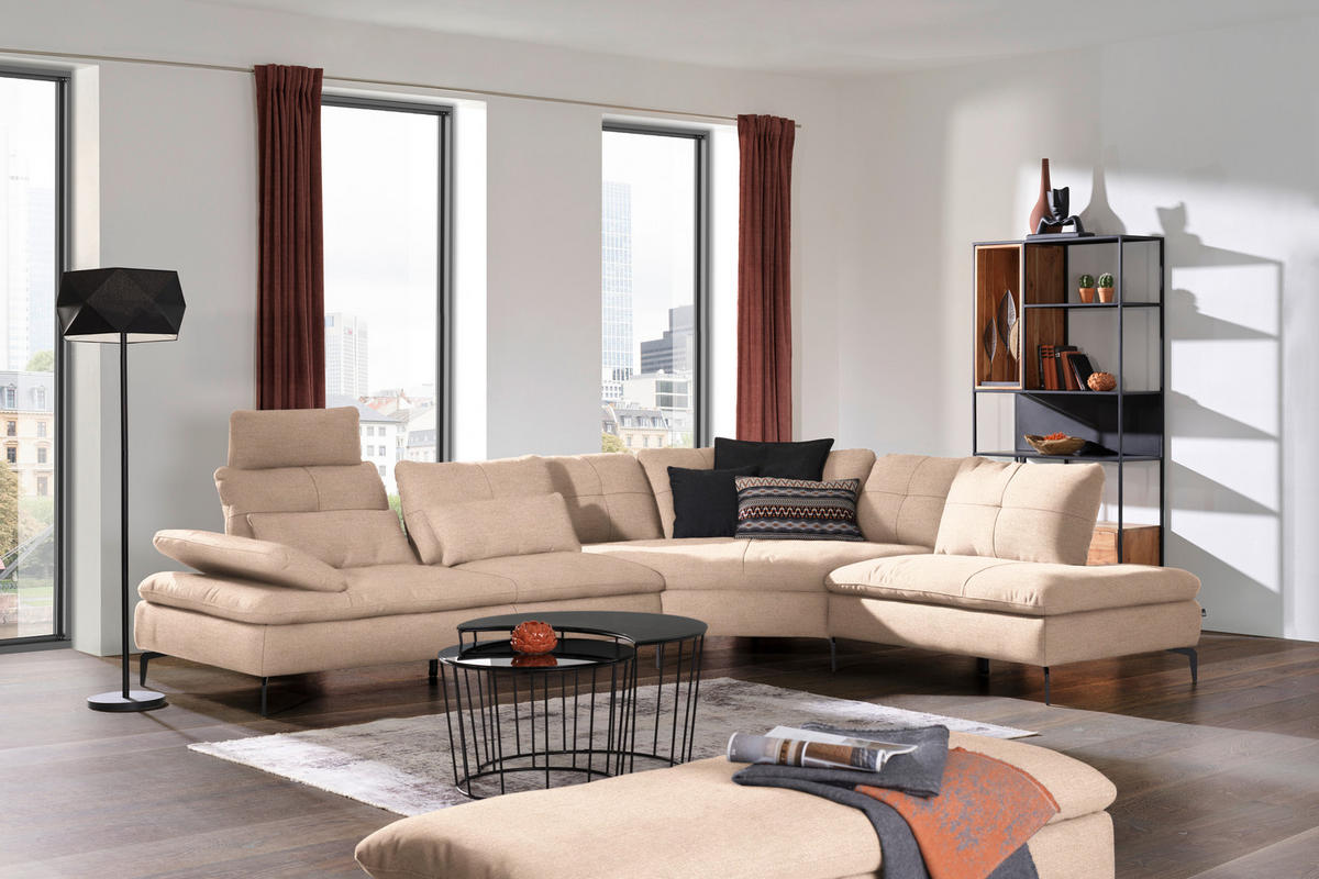 ECKSOFA in Flachgewebe Hellbraun  - Hellbraun/Schwarz, Design, Textil/Metall (344/271cm) - Chilliano