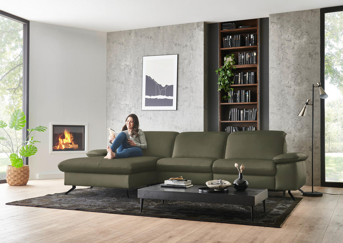 ECKSOFA  Echtleder Graugrün  - Schwarz/Graugrün, Design, Leder/Metall (169/307cm) - Beldomo Premium