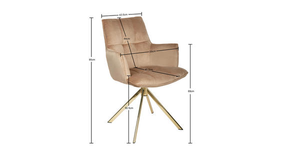 ARMLEHNSTUHL  Stoffauswahl, Sitzfläche 360° drehbar, automatische Rückholfunktion Samt  Goldfarben, Hellbraun  - Hellbraun/Goldfarben, Design, Textil/Metall (59/89,5/63cm) - Novel