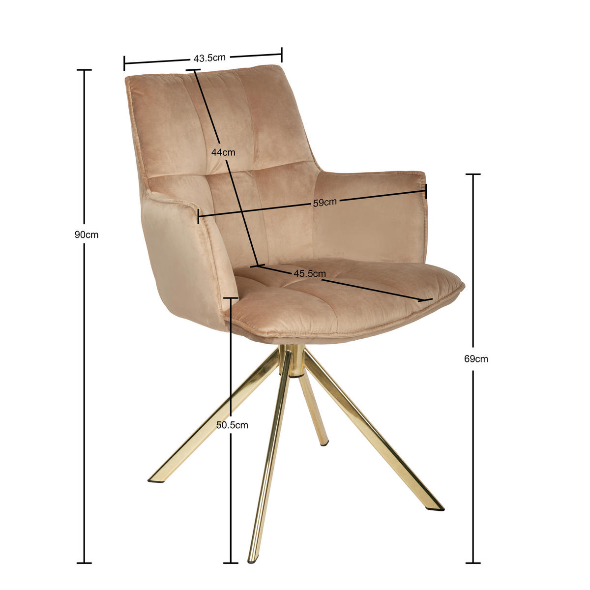 ARMLEHNSTUHL  in Edelstahl Samt  - Hellbraun/Goldfarben, Design, Textil/Metall (59/89,5/63cm) - Novel