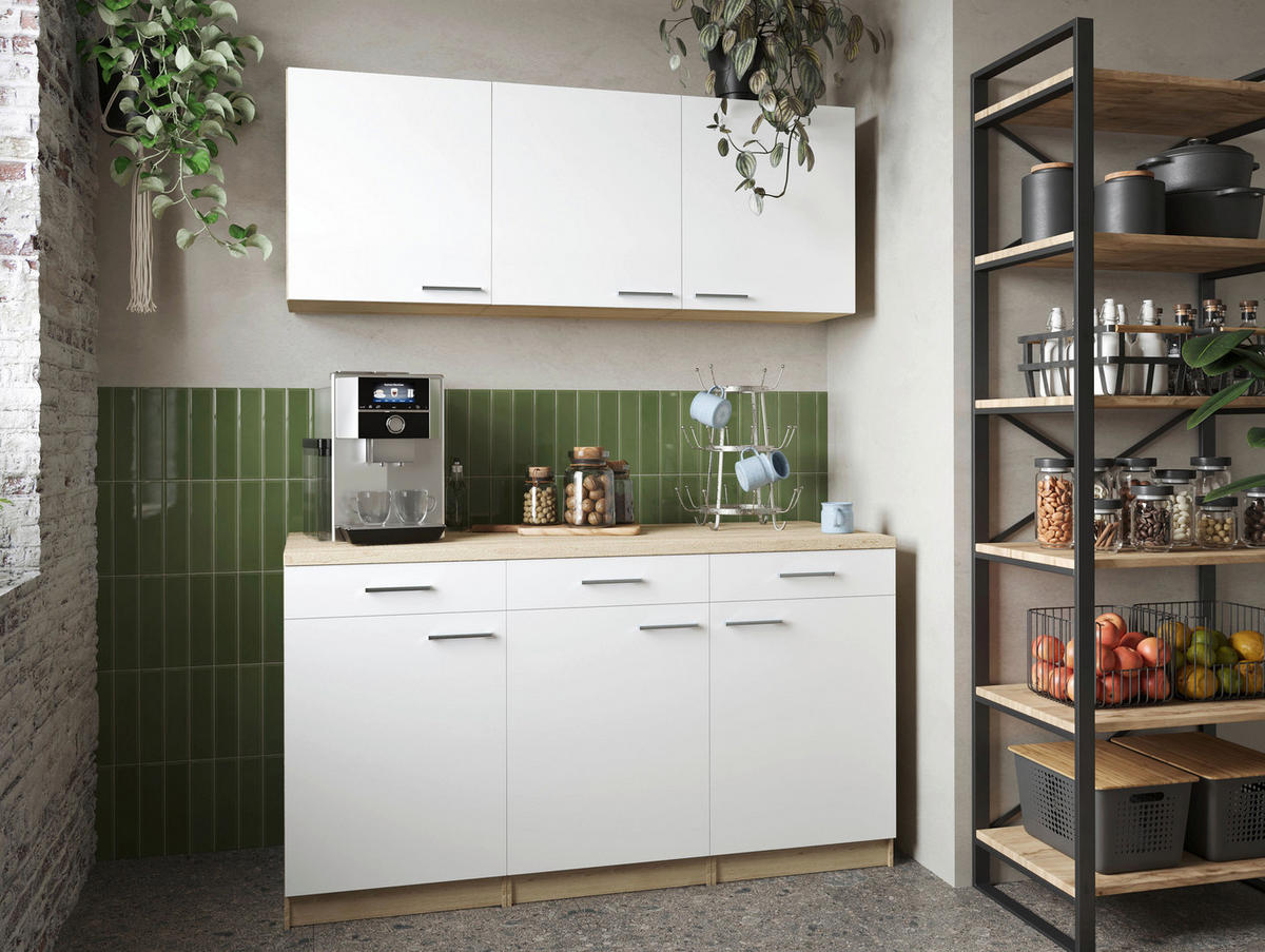 MINIKÜCHE 150 cm   in Weiß, Eichefarben  - Eichefarben/Silberfarben, Basics, Holzwerkstoff/Metall (150cm) - Respekta