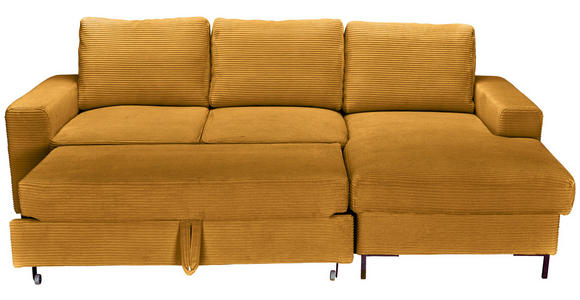 ECKSOFA Currygelb Cord Rückenkissen, Bettkasten, Schlaffunktion, Rücken echt, Liegefläche im Originalstoff  - Currygelb/Schwarz, KONVENTIONELL, Textil/Metall (240/150cm) - Carryhome