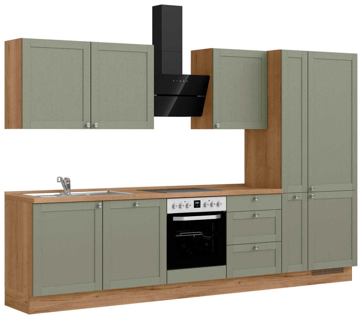 KÜCHENBLOCK Frame 330 cm  in Eichefarben, Olivgrün  - Edelstahlfarben/Eichefarben, MODERN, Holzwerkstoff/Metall (330cm) - Nobilia
