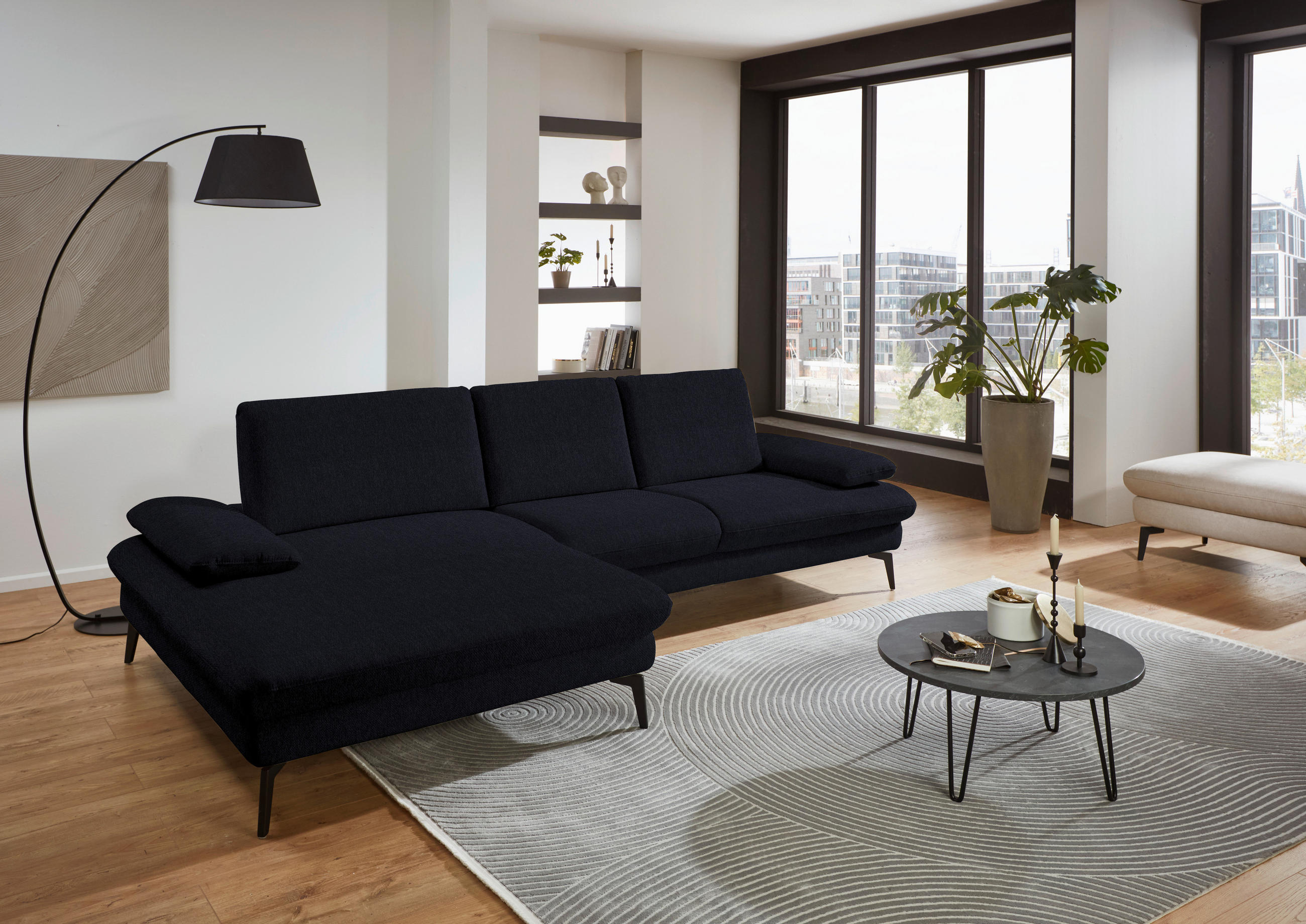 ECKSOFA in Chenille, Mikrofaser Schwarz  - Schwarz, Design, Textil/Metall (157/299cm) - Dieter Knoll