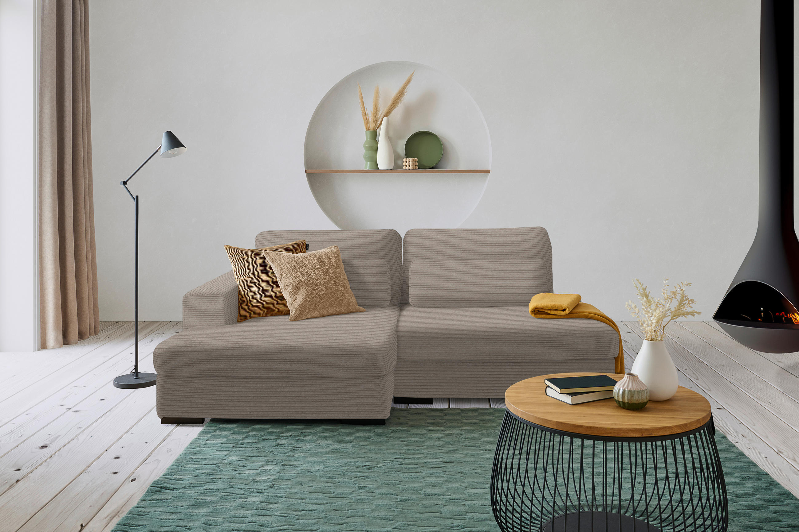 ECKSOFA in Cord, Velours Taupe  - Taupe/Schwarz, Design, Kunststoff/Textil (158/223cm) - Lomoco