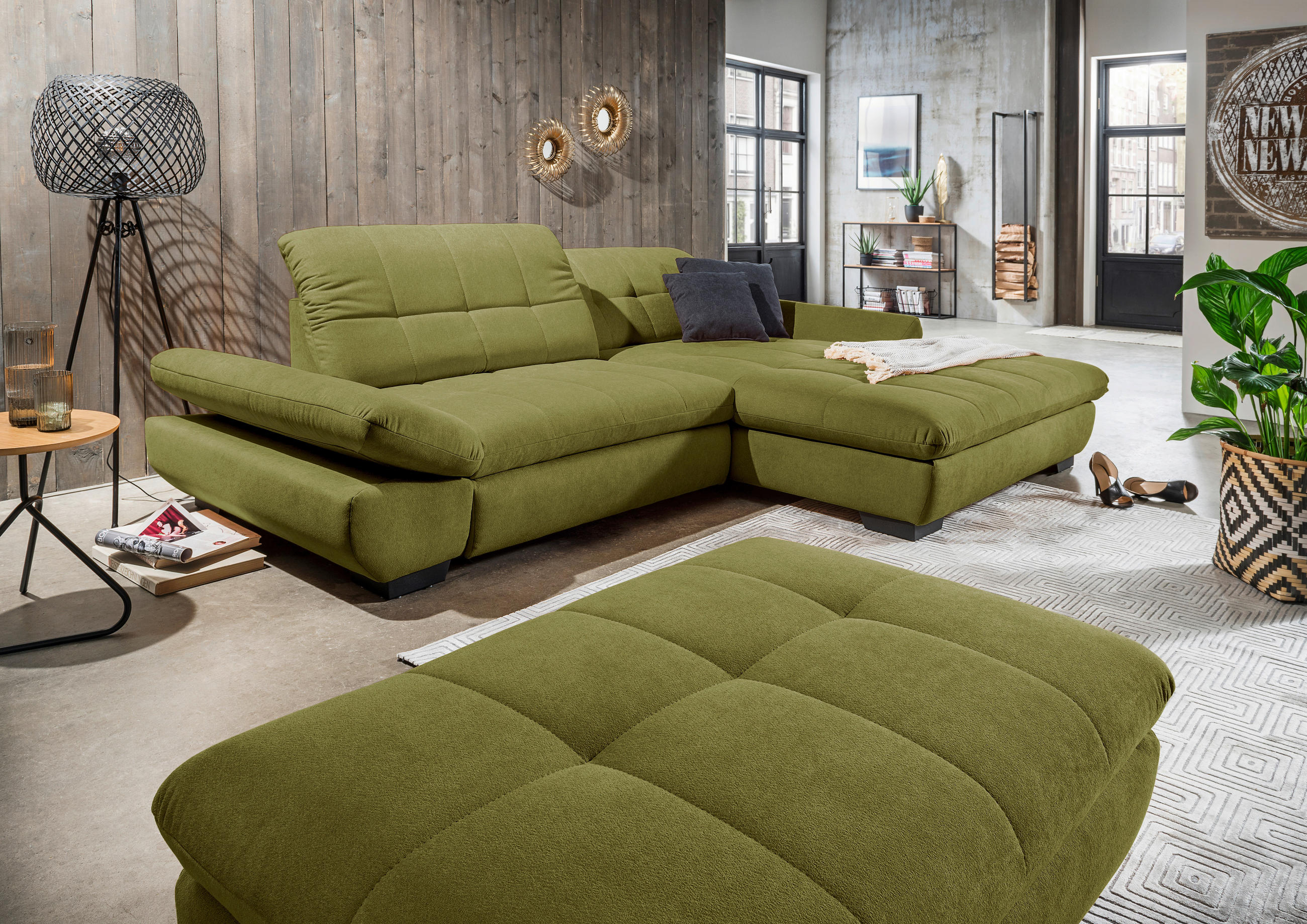ECKSOFA in Mikrofaser Grün  290/198 cm  - Schwarz/Grün, Design, Textil/Metall (290/198cm) - Xora