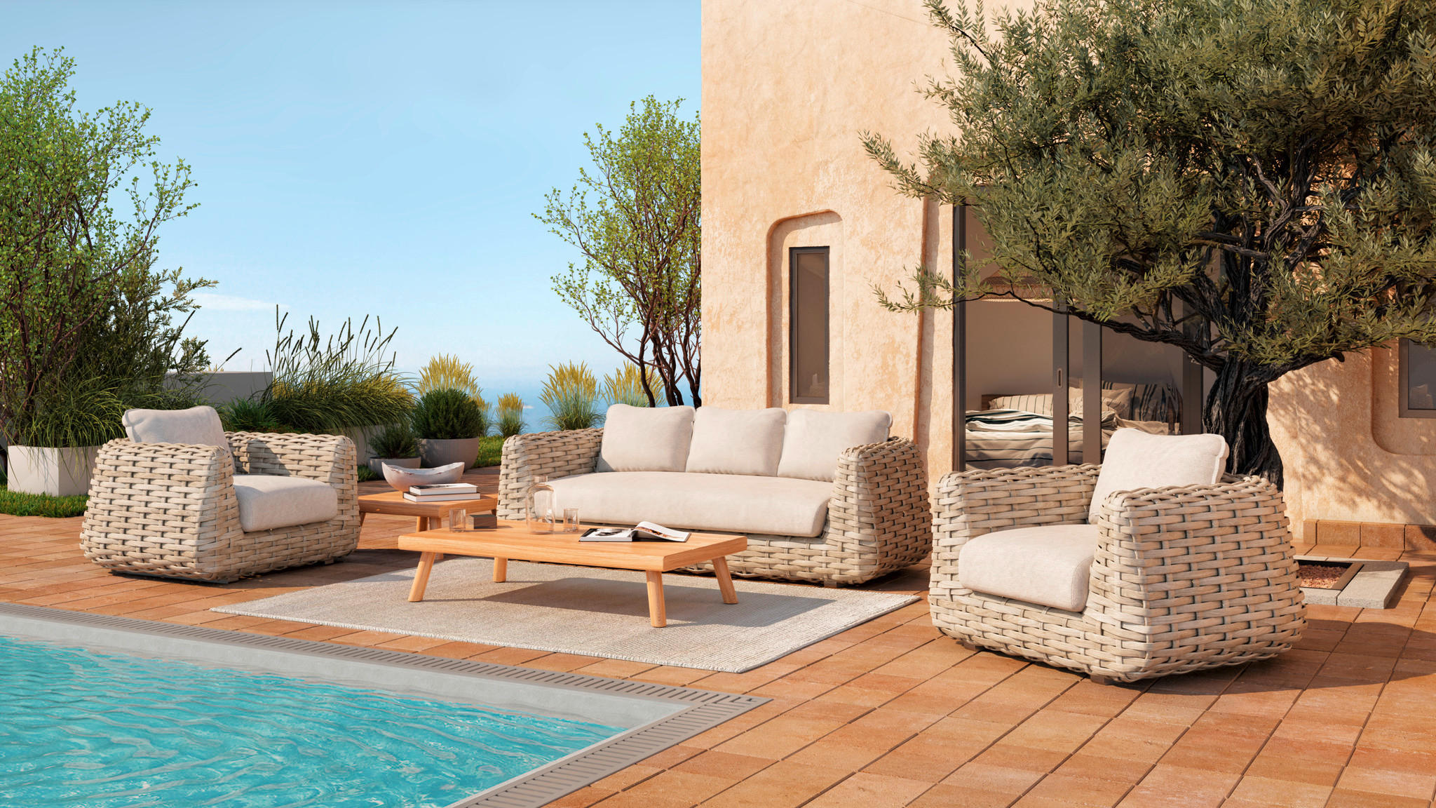 LOUNGETISCH  - Ecru/Teakfarben, Basics, Holz/Stein (150/80/35cm) - Tierra Outdoor