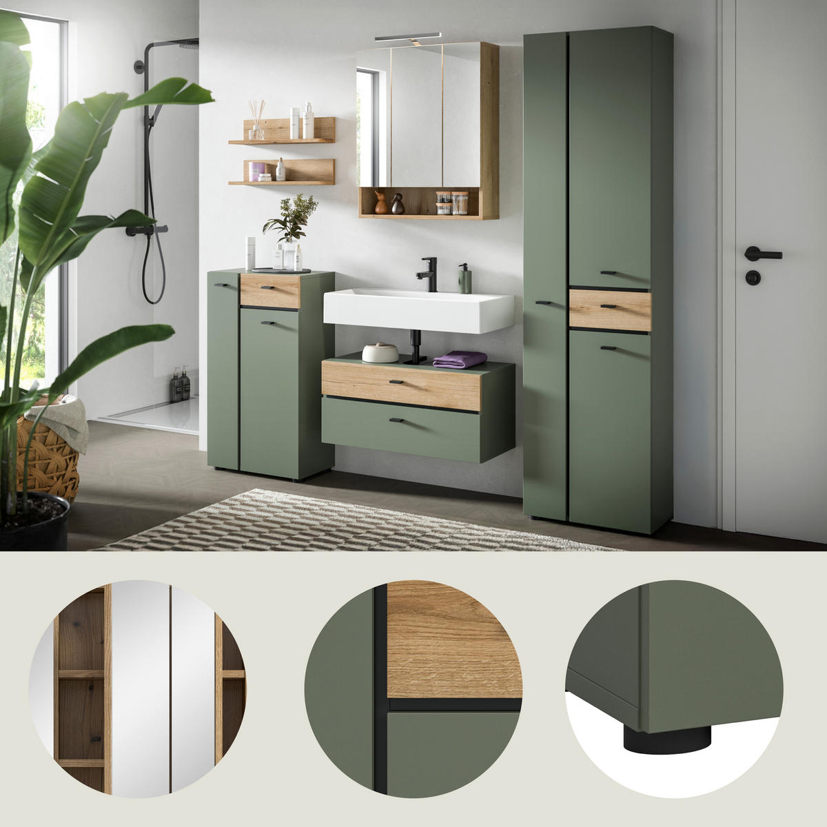 BADEZIMMER 5-teilig  in 177 cm  - Eichefarben/Schwarz, Trend, Glas/Holzwerkstoff (177cm) - MID.YOU