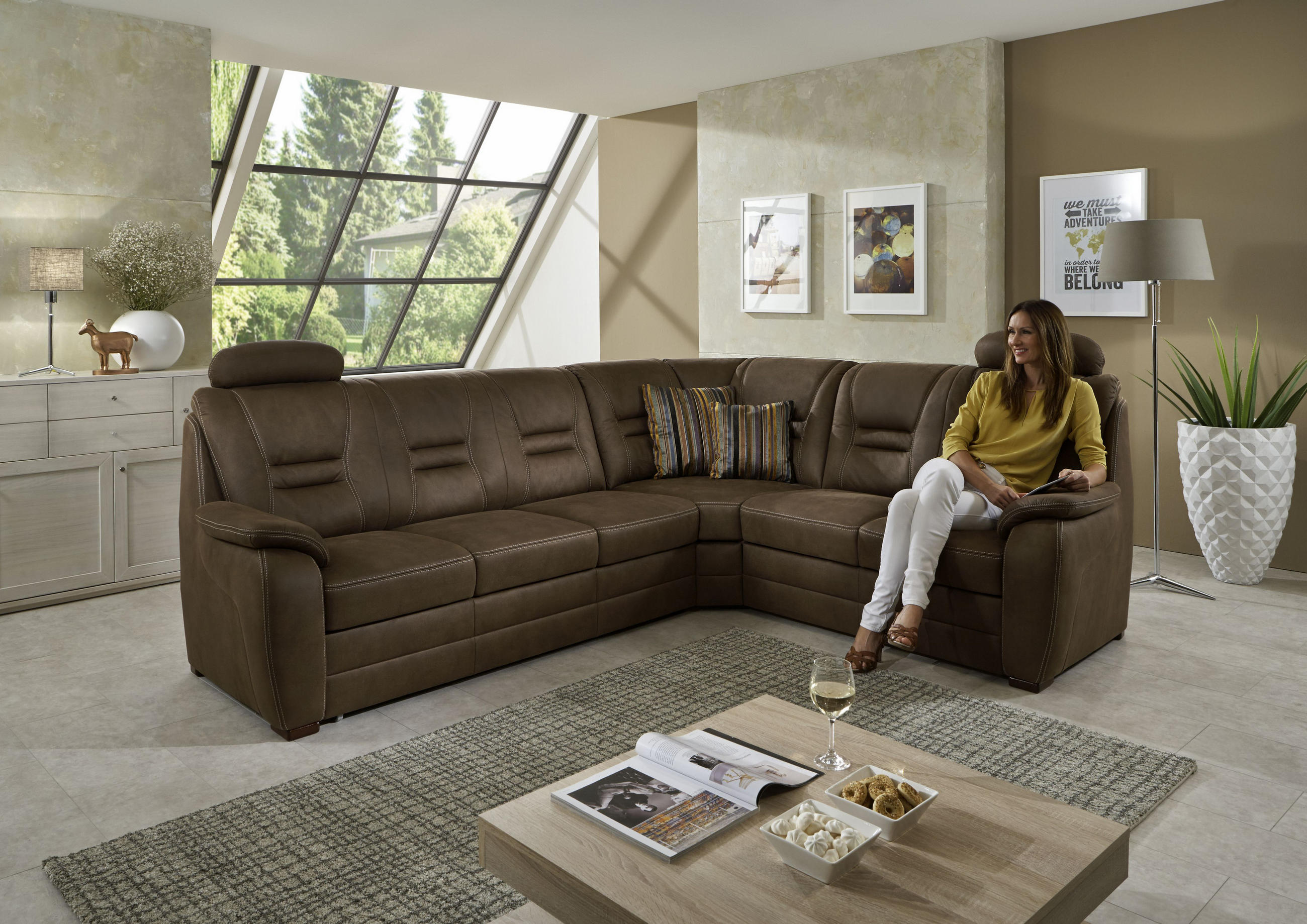 ECKSOFA Dunkelbraun Lederlook - Dunkelbraun/Beige, KONVENTIONELL, Holz/Textil (234/286cm) - Beldomo Comfort