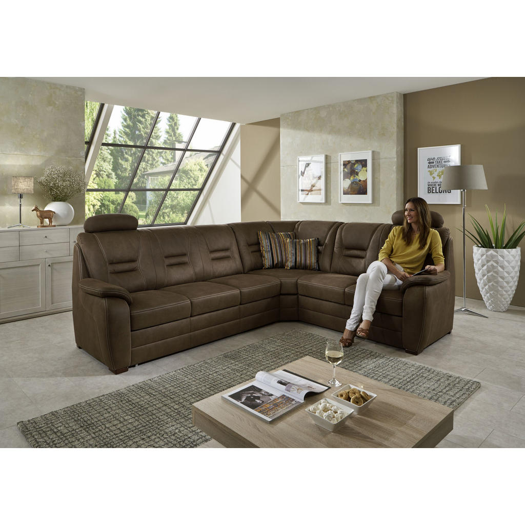 Thumbnail - Beldomo Comfort Ecksofa, Dunkelbraun, Textil, Uni, 5-6-Sitzer, Ottomane links, L-Form, 286x234 cm, Goldenes M, Typenausw...