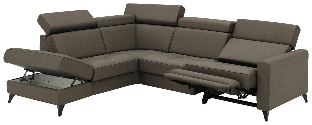 ECKSOFA Beldomo System in Flachgewebe Dunkelbraun Kopfteilverstellung  214/276 cm  - Dunkelbraun/Schwarz, KONVENTIONELL, Textil/Metall (214/276cm) - Beldomo System