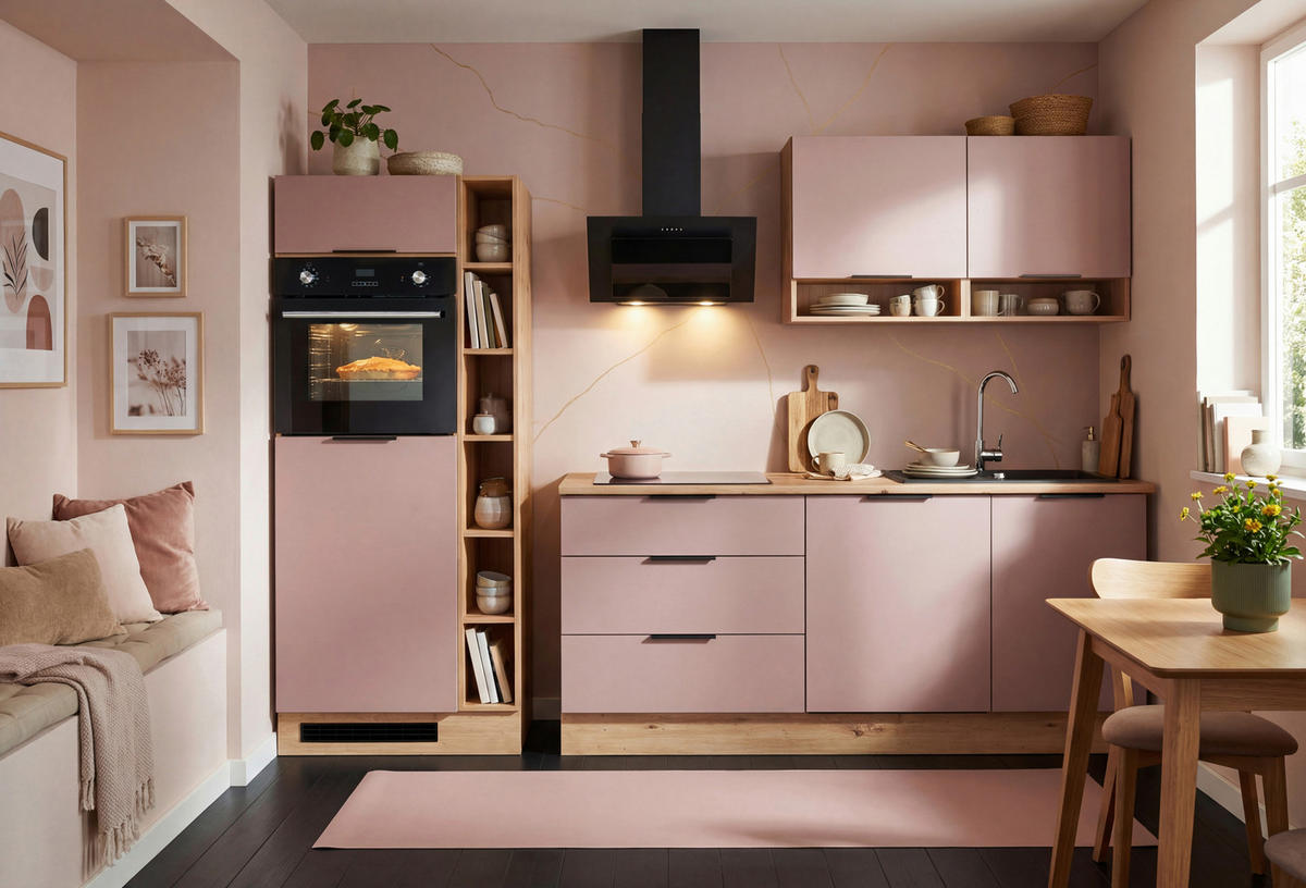 KÜCHENBLOCK Oskar 270 cm  in Rosa, Eiche Artisan  - Schwarz/Eiche Artisan, Design, Holzwerkstoff/Kunststoff (270cm) - P & B