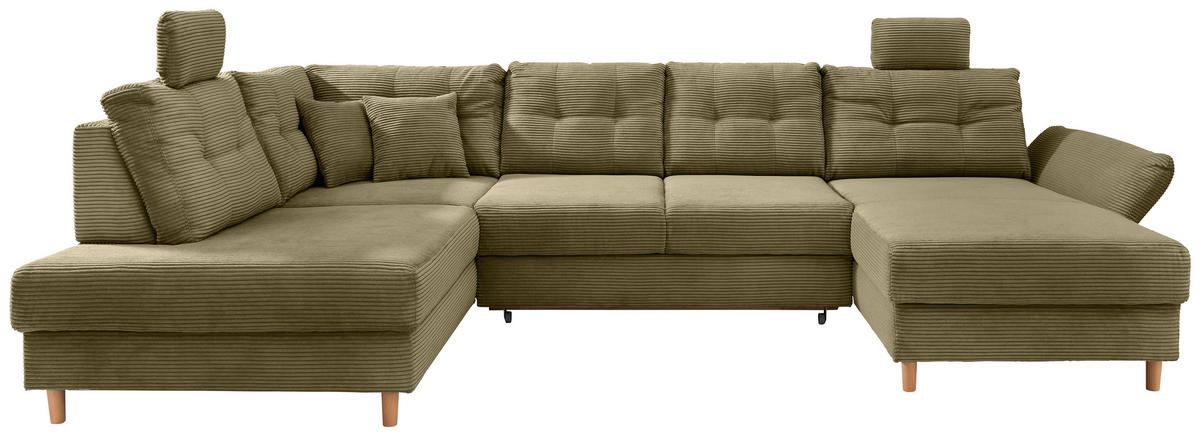 WOHNLANDSCHAFT  in Cord Olivgrün  - Naturfarben/Olivgrün, MODERN, Holz/Textil (206/338-352/176cm) - Livetastic