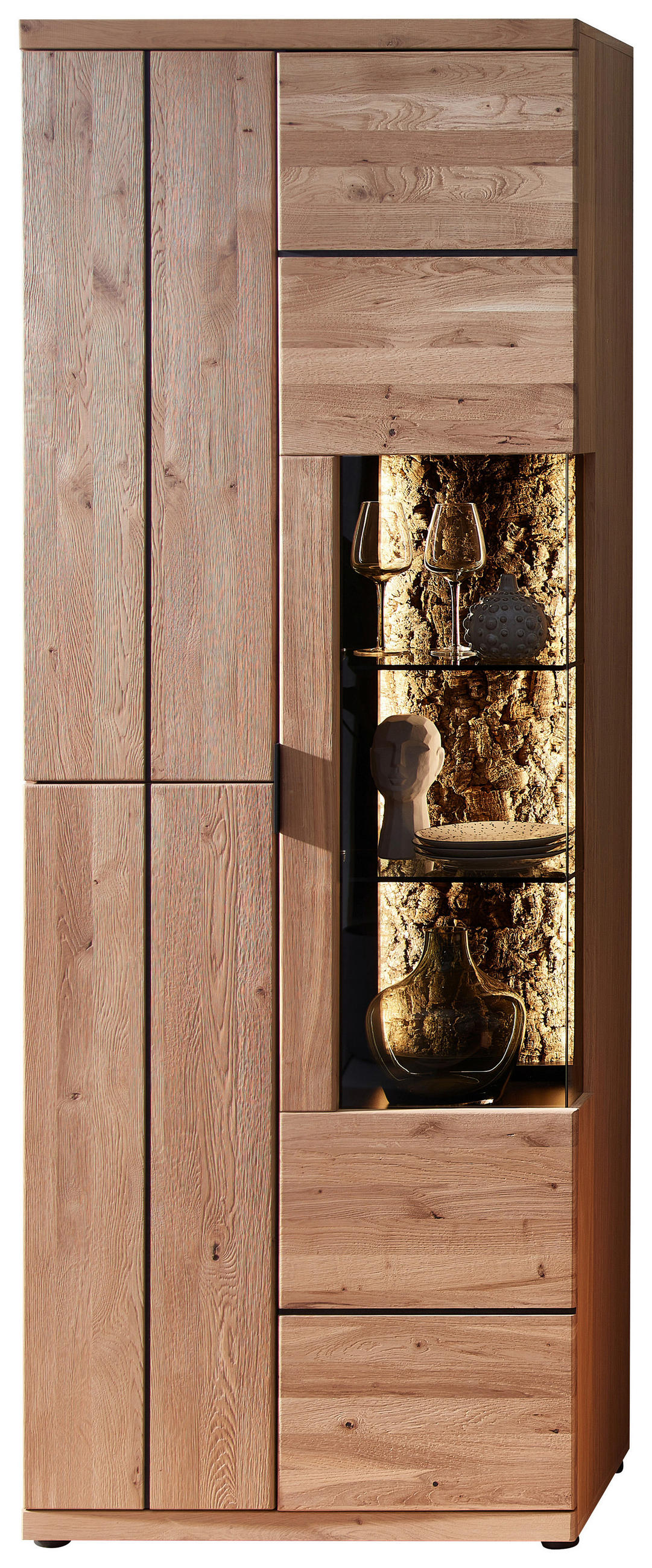 VITRINE  in furniert, massiv Wildeiche, Kork Schwarz, Wildeiche - Wildeiche/Schwarz, Natur, Glas/Holz (75/207/42cm) - Linea Natura