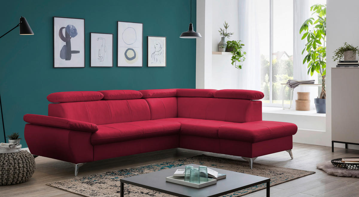 ECKSOFA Rot Lederlook  - Chromfarben/Rot, KONVENTIONELL, Textil/Metall (256/209cm) - Livetastic