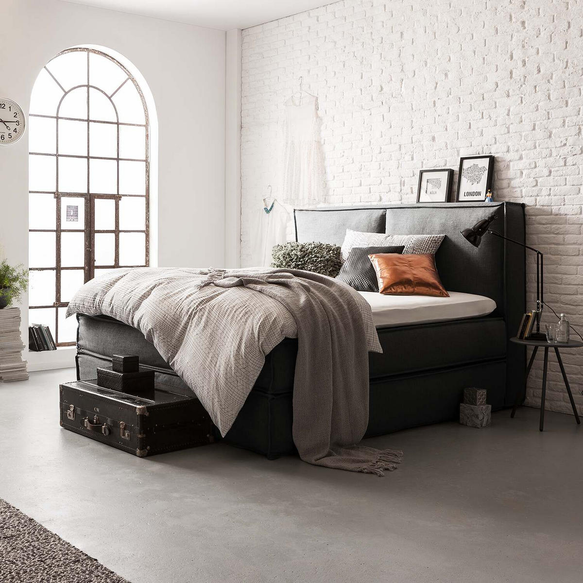 BOXSPRINGBETT 200/200 cm  in Anthrazit  - Anthrazit/Schwarz, Design, Textil (200/200cm) - home24
