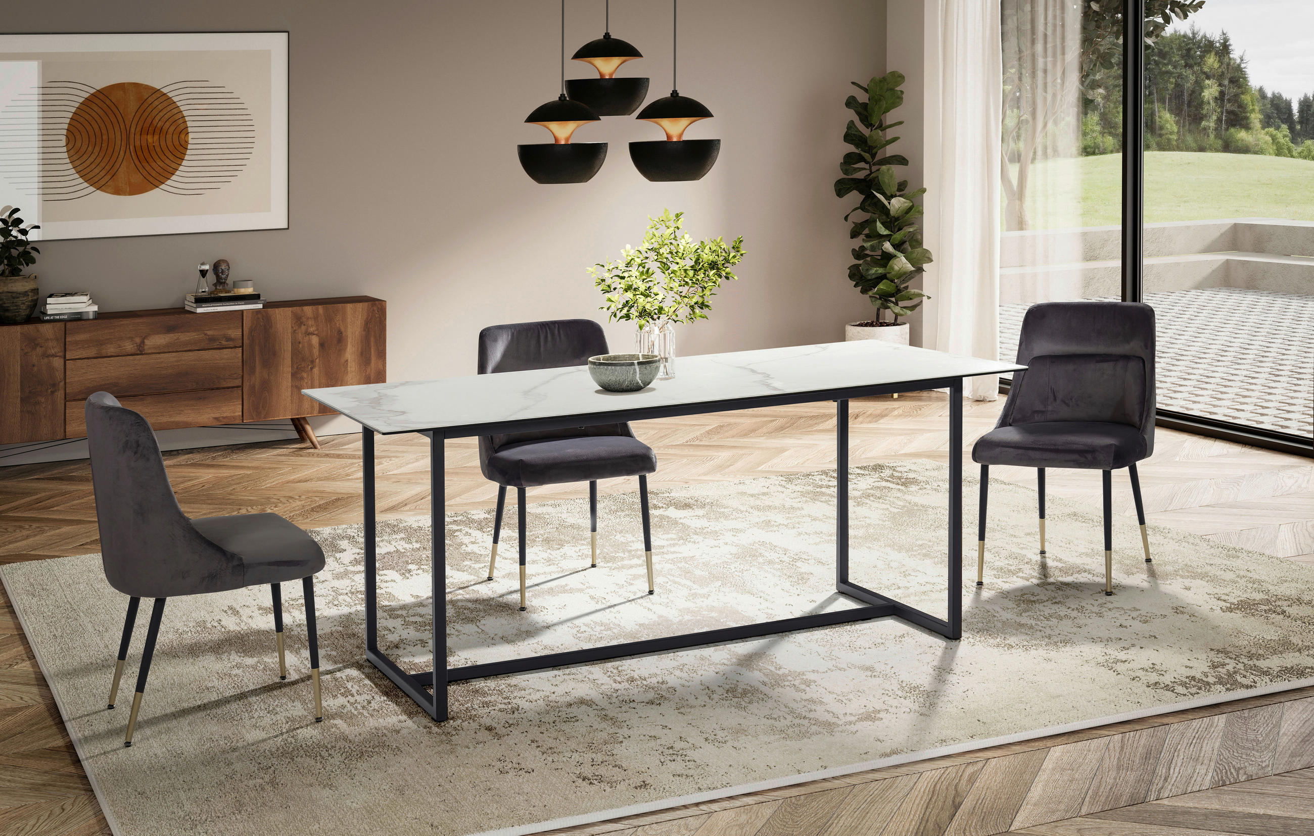 ESSTISCH in Keramik 180/90/76 cm  - Schwarz/Weiß, Design, Keramik/Metall (180/90/76cm) - MID.YOU
