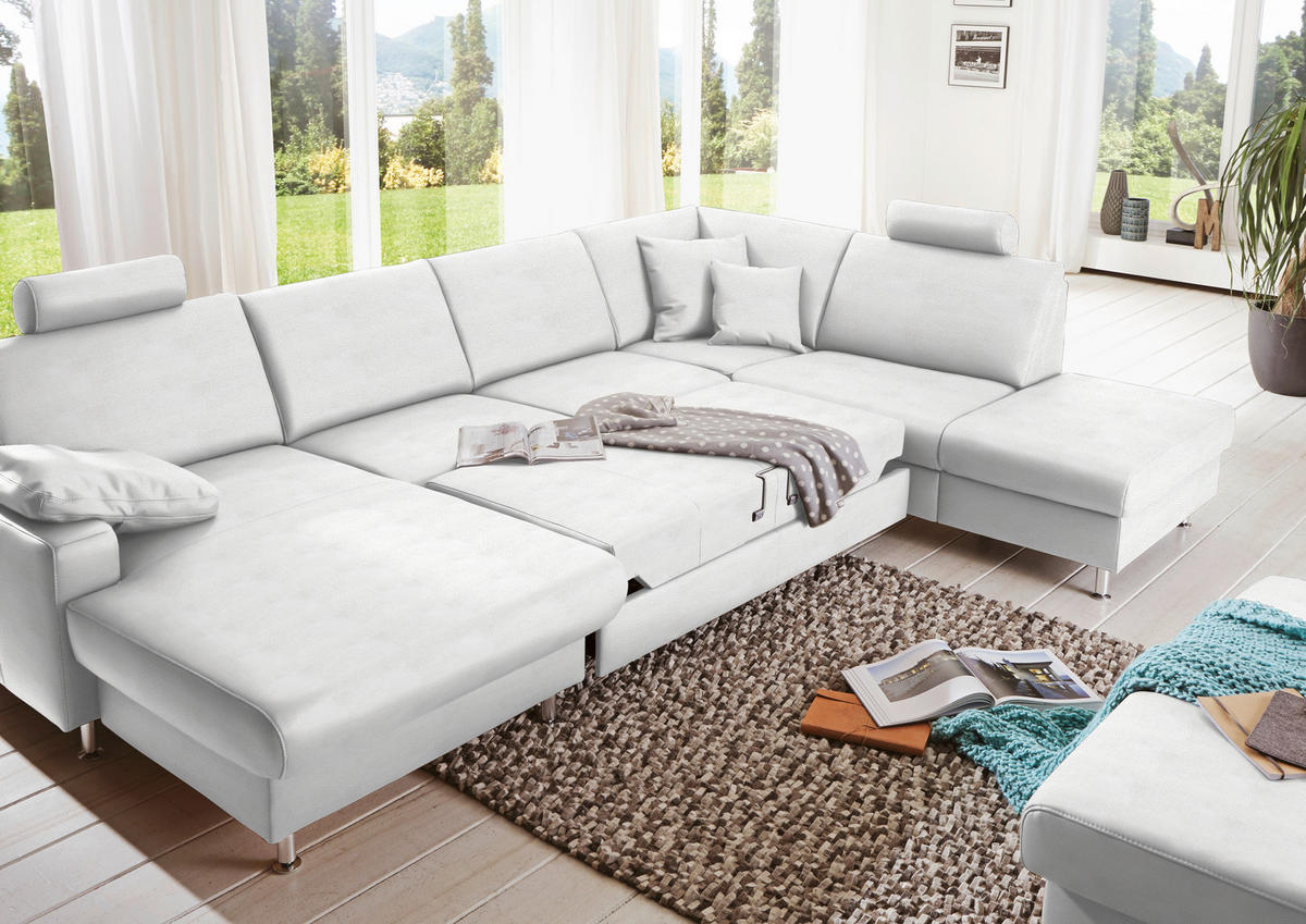 WOHNLANDSCHAFT in Echtleder Weiss  - Weiss/Alufarben, Design, Leder/Metall (165/339/233cm) - Beldomo Premium