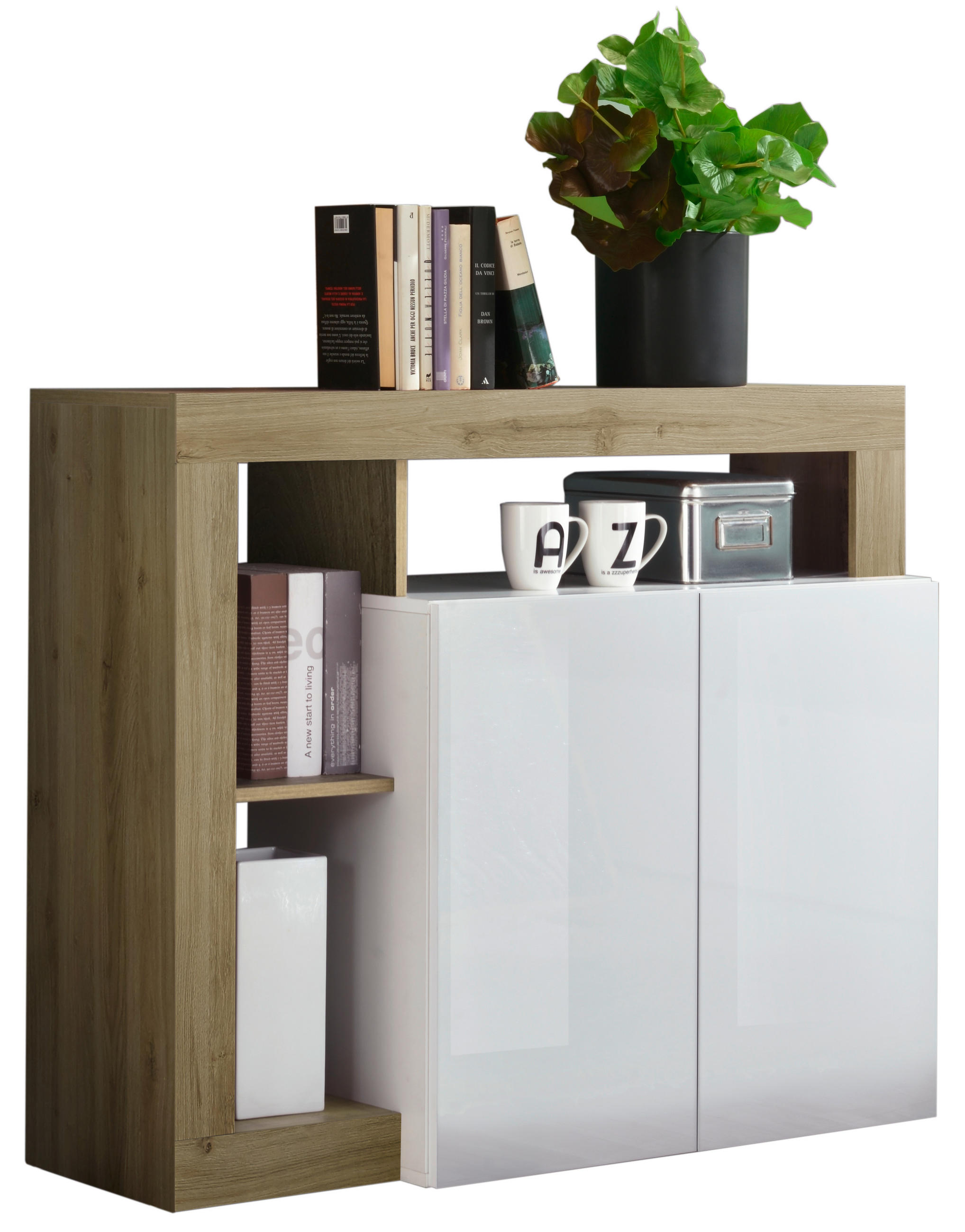 KOMODA, barve hrasta, bela, visoki sijaj  - črna/barve hrasta, Basics, umetna masa/leseni material (108/93/42cm) - Livetastic