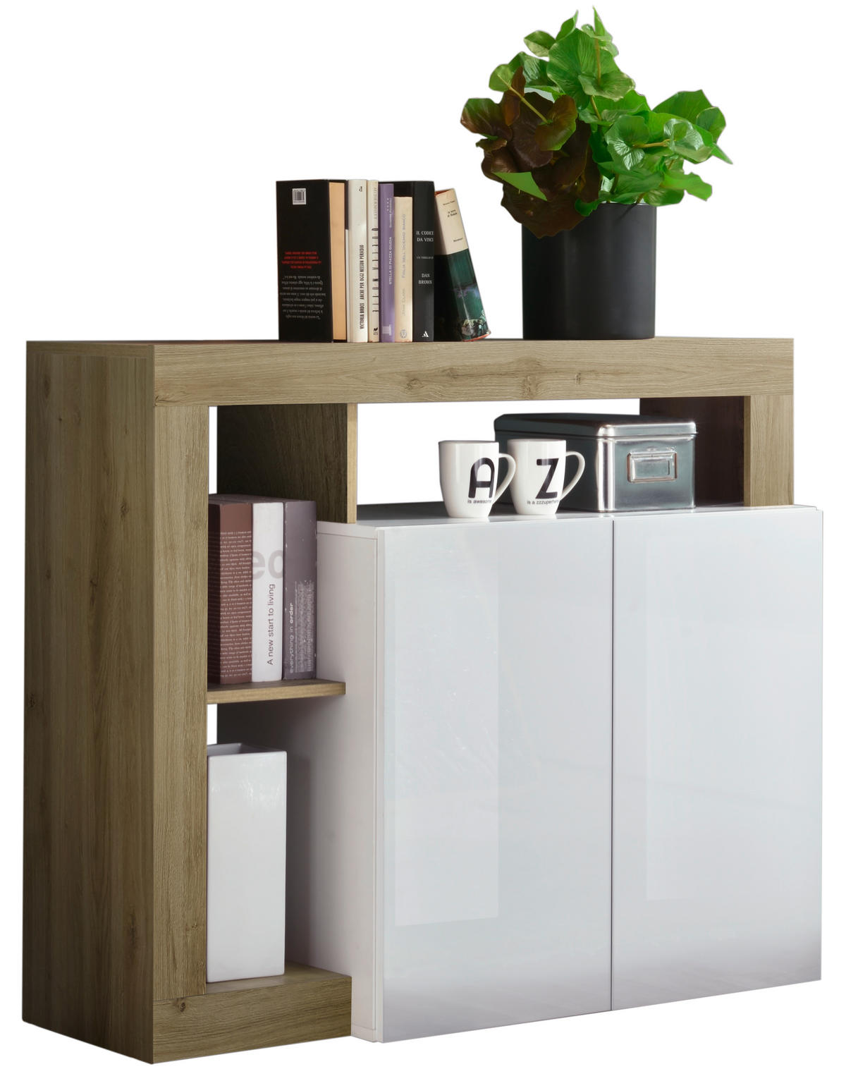 KOMODA, barve hrasta, bela, visoki sijaj  - črna/barve hrasta, Basics, umetna masa/leseni material (108/93/42cm) - Livetastic