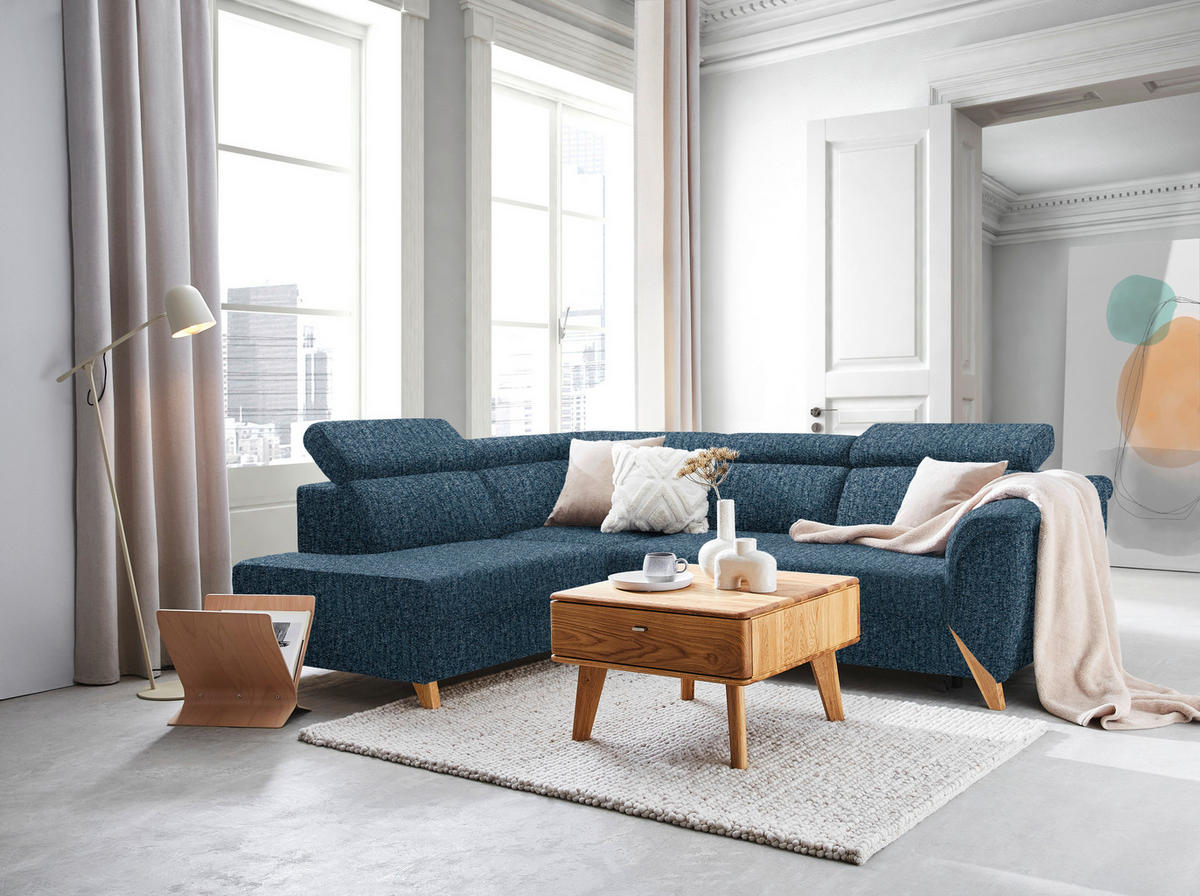 ECKSOFA in Struktur Blau  200/265 cm  - Blau/Naturfarben, KONVENTIONELL, Holz/Textil (200/265cm) - Stylife
