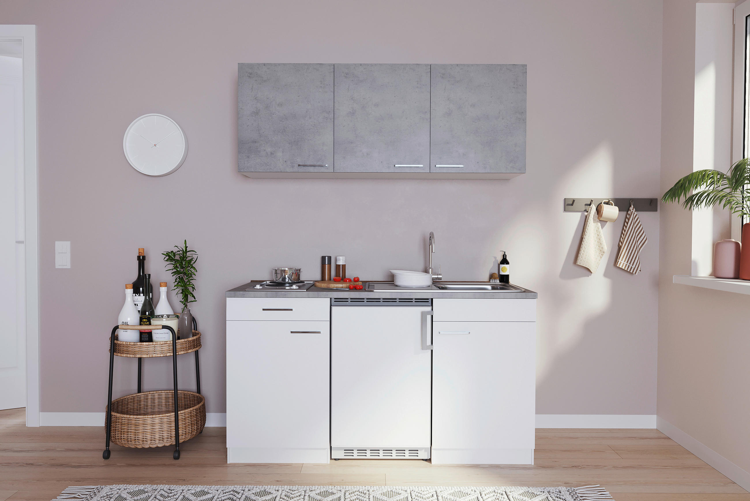 MINIKÖK 150 cm   i grå, vit  - vit/aluminiumfärg, Klassisk, trämaterial/plast (150cm) - Respekta