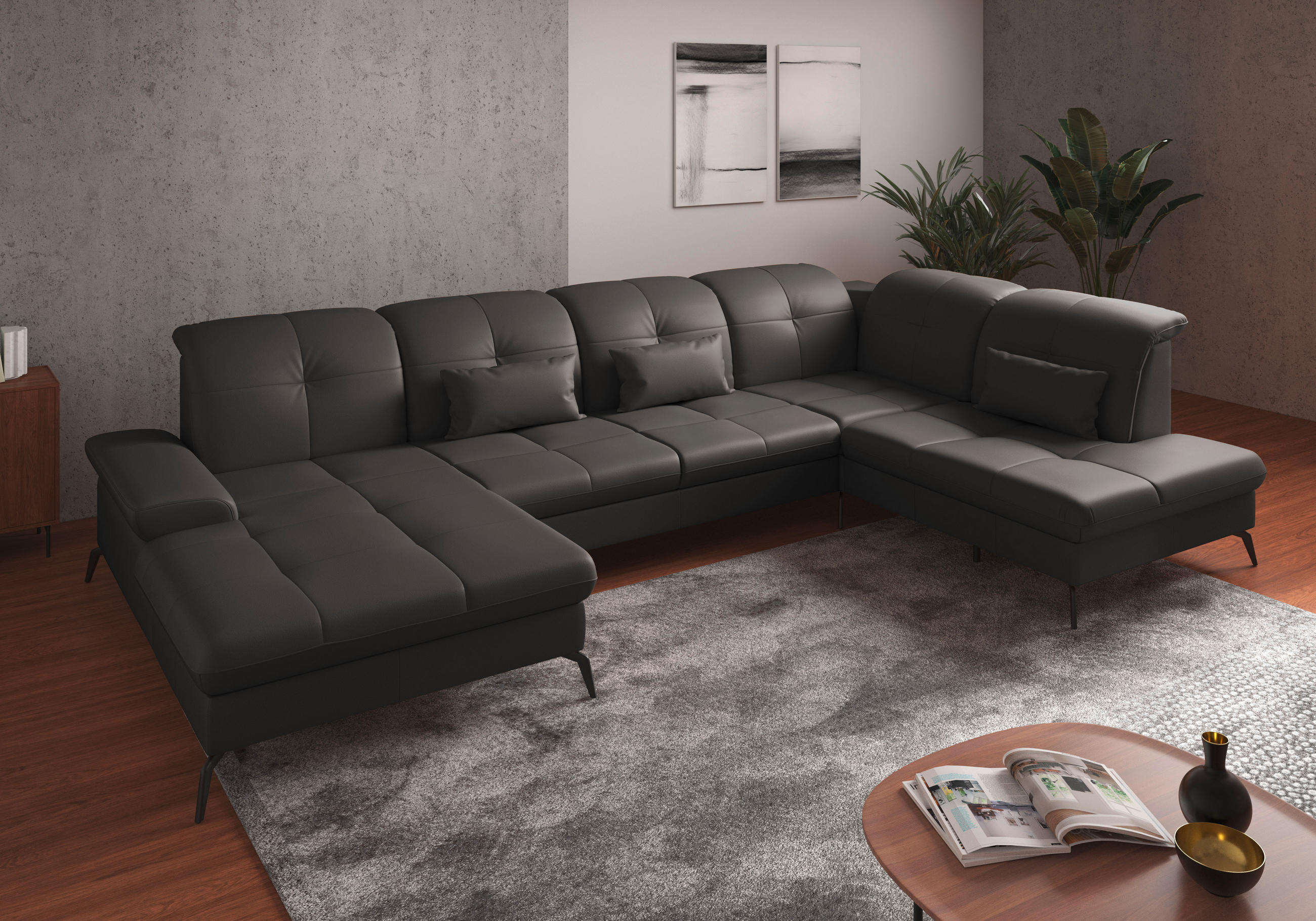 WOHNLANDSCHAFT in Echtleder Anthrazit - Anthrazit/Schwarz, Konventionell, Leder/Metall (185/357/231cm) - Sit & More