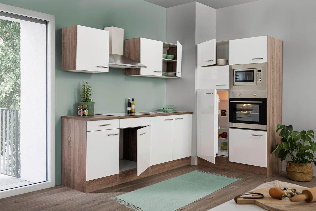 KÜCHENBLOCK 330 cm   in Weiß, Eichefarben  - Eichefarben/Weiß, MODERN, Holzwerkstoff (330cm) - Respekta