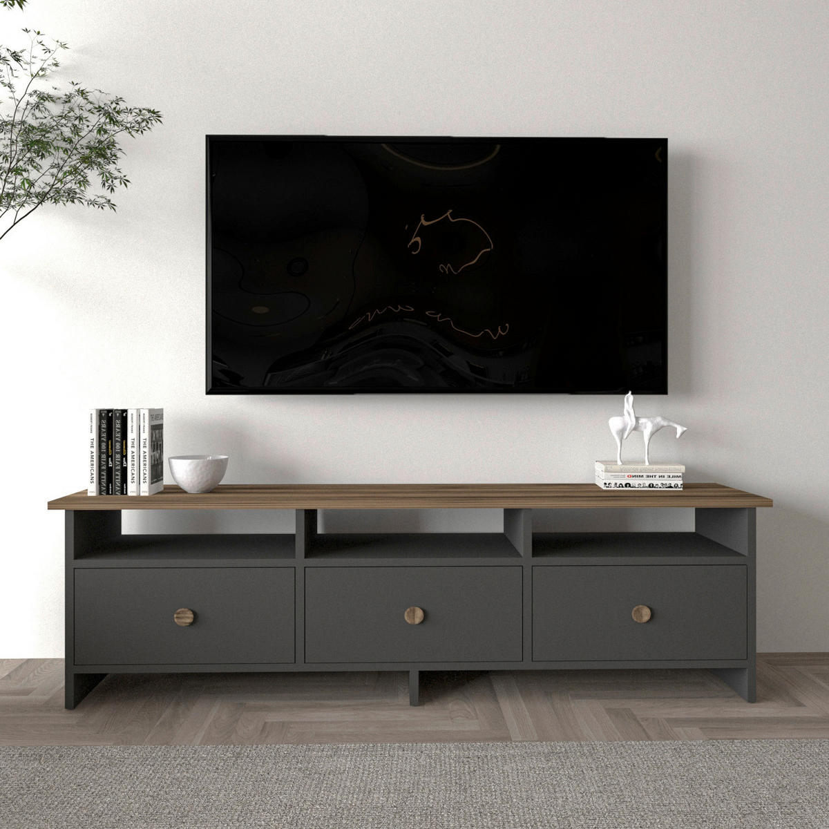 LOWBOARD Oslo TV-Ständer  in 150/47/36 cm  - Anthrazit/Nussbaumfarben, Design, Holzwerkstoff (150/47/36cm) - Livetastic