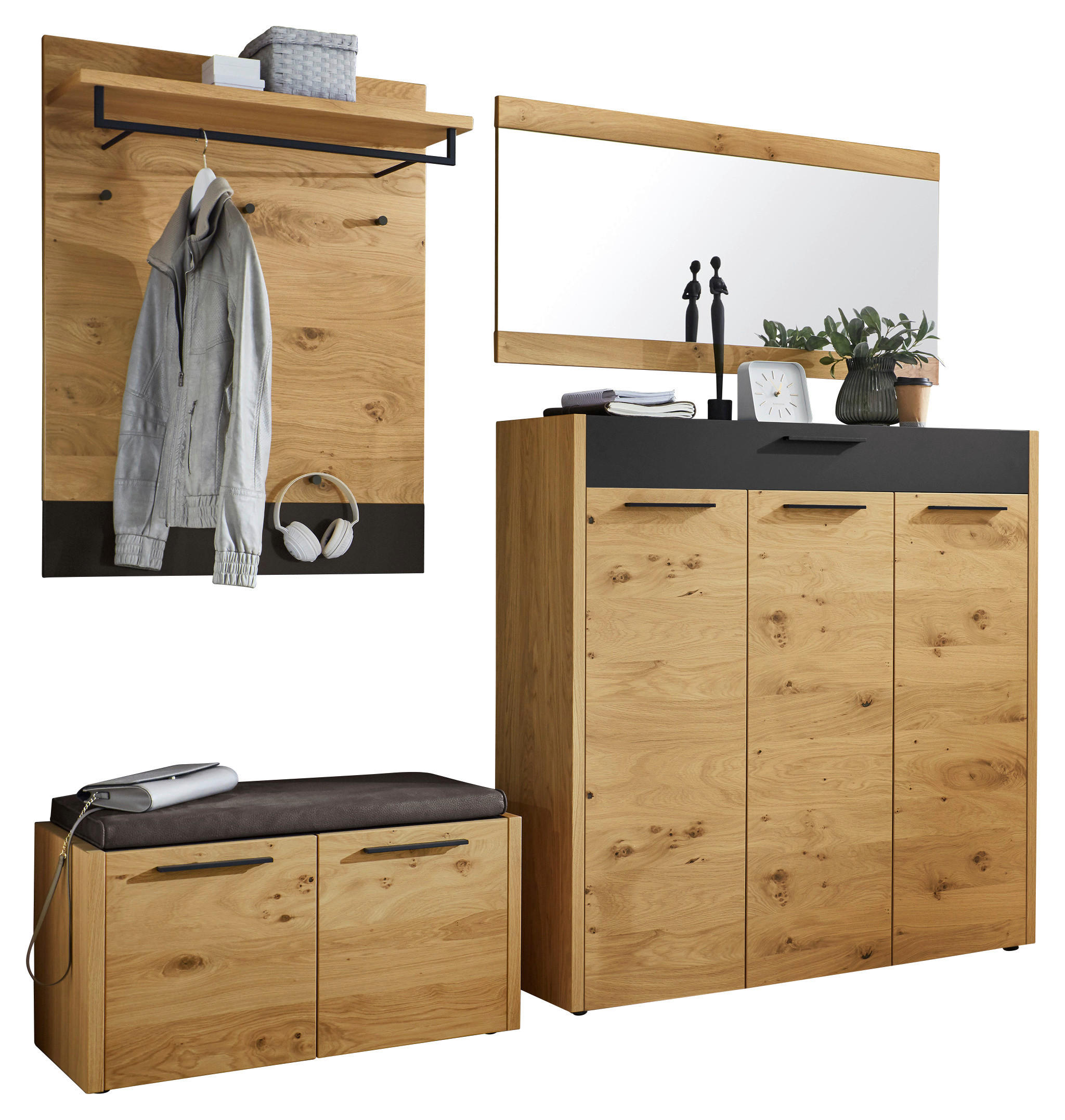 GARDEROBE Anthrazit, Schwarz, Eichefarben - Eichefarben/Anthrazit, Design, Glas/Holz (225/195/41cm)