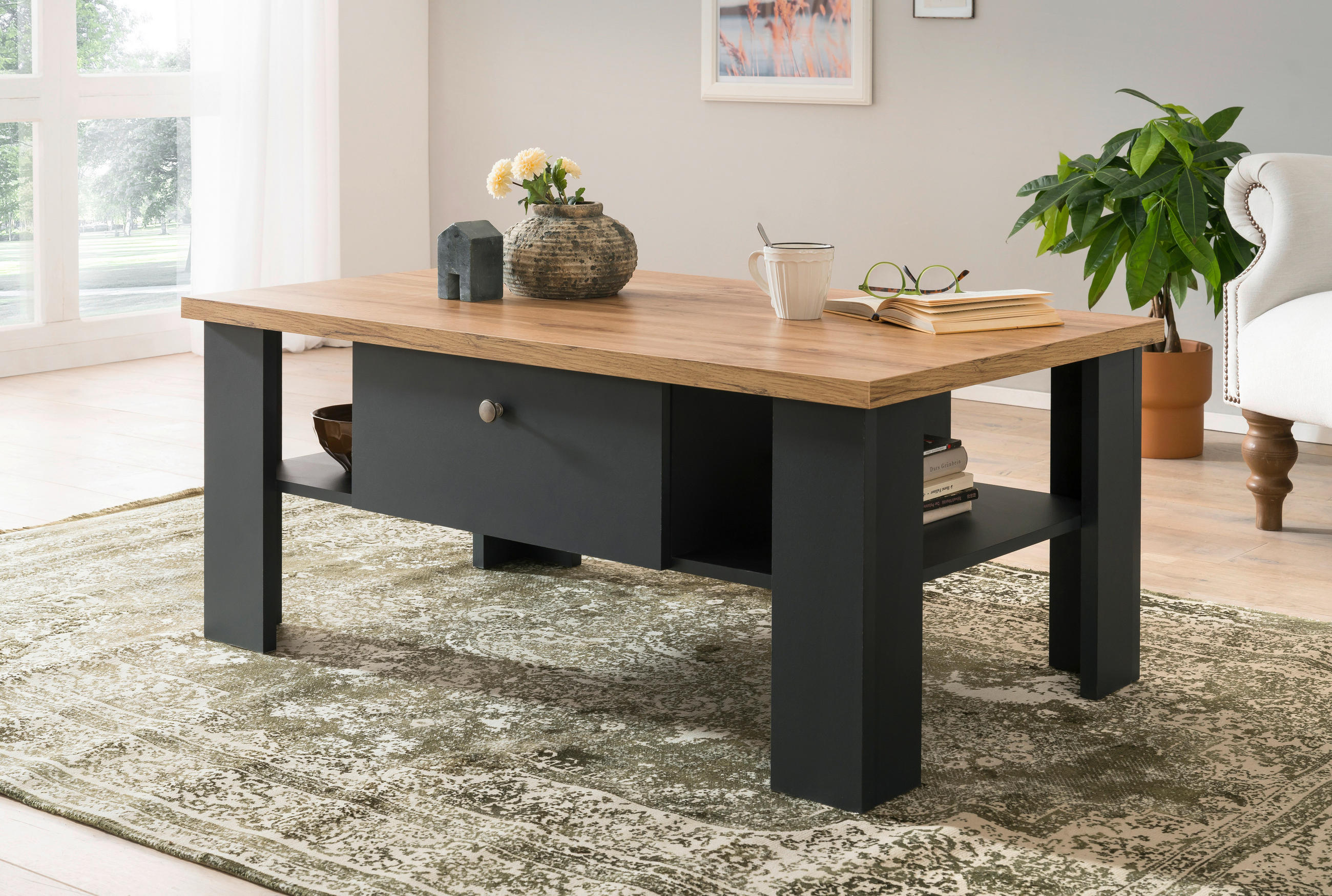 COUCHTISCH rechteckig Eiche Wotan, Anthrazit  - Anthrazit/Silberfarben, Design, Holzwerkstoff/Metall (110/45/70cm) - MID.YOU