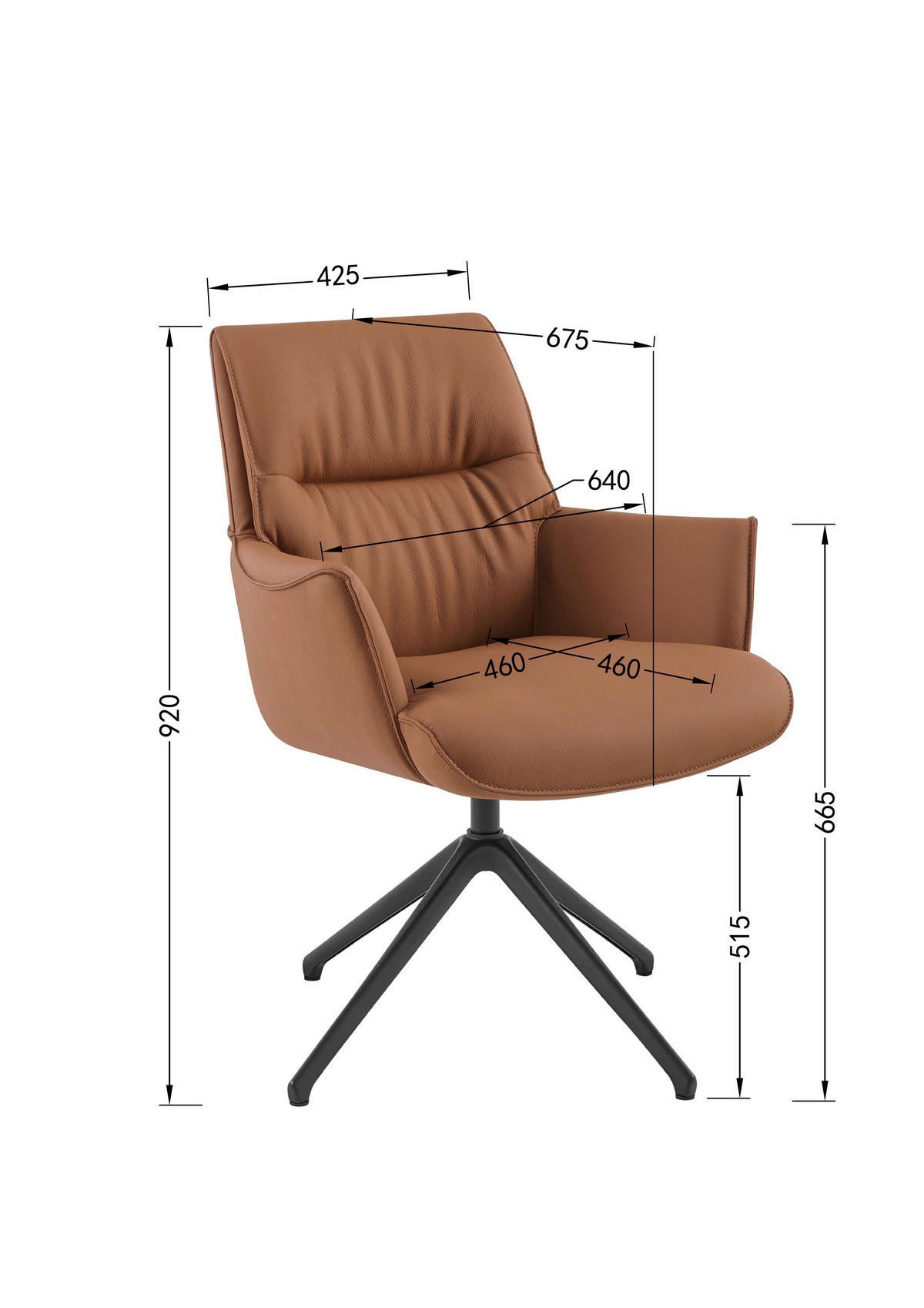 ARMLEHNSTUHL  in Aluminium, Eisen Echtleder pigmentiert  - Cognac/Schwarz, Design, Leder/Metall (65/92/67,5cm) - Novel