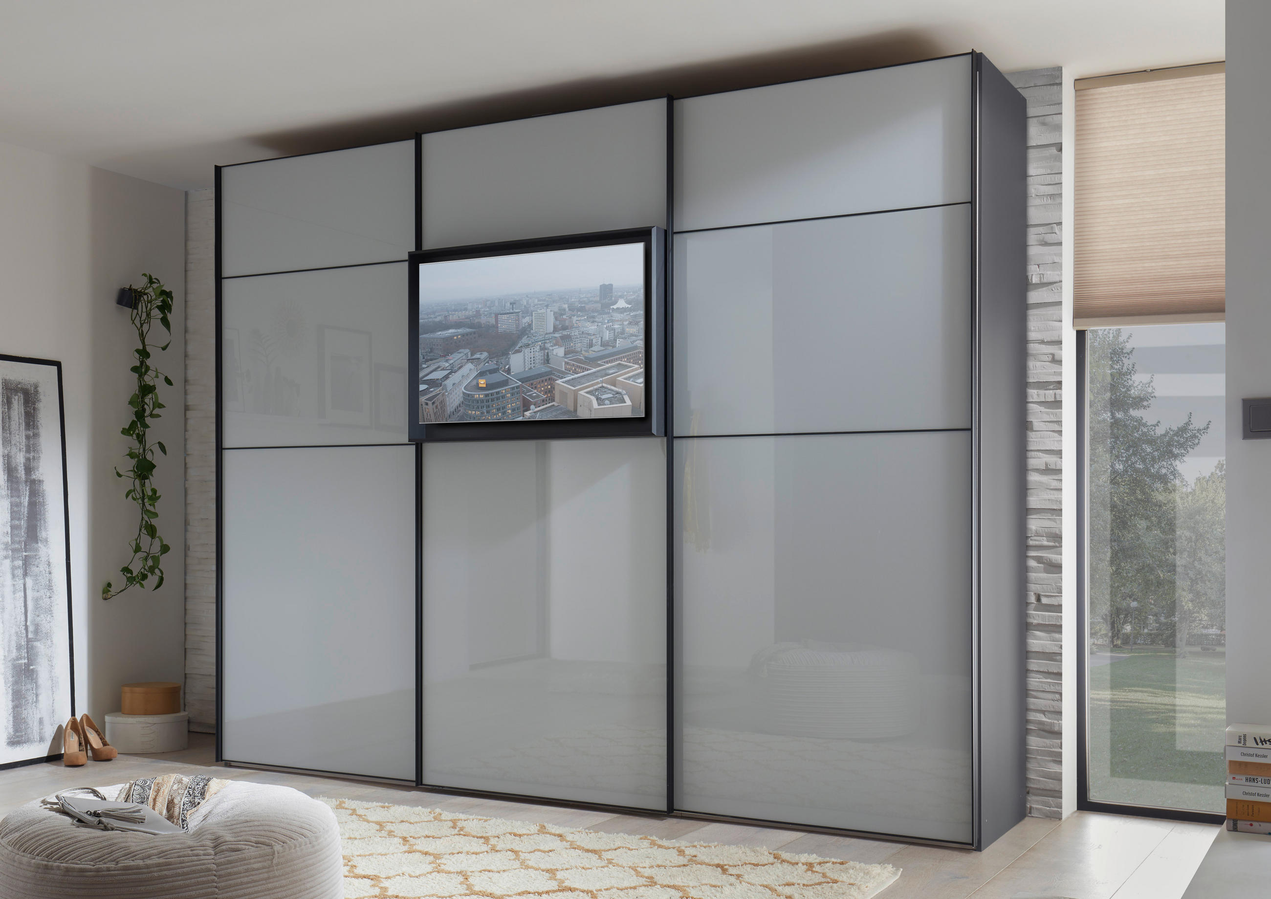  SCHWEBETÜRENSCHRANK 336/240/68 cm 3-türig  - Hellgrau/Schwarz, Design, Glas/Holzwerkstoff (336/240/68cm) - Moderano