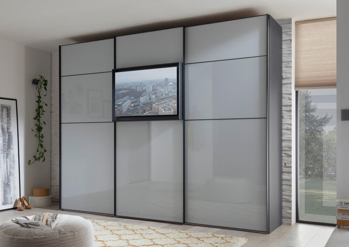  SCHWEBETÜRENSCHRANK 336/240/68 cm 3-türig  - Hellgrau/Schwarz, Design, Glas/Holzwerkstoff (336/240/68cm) - Moderano