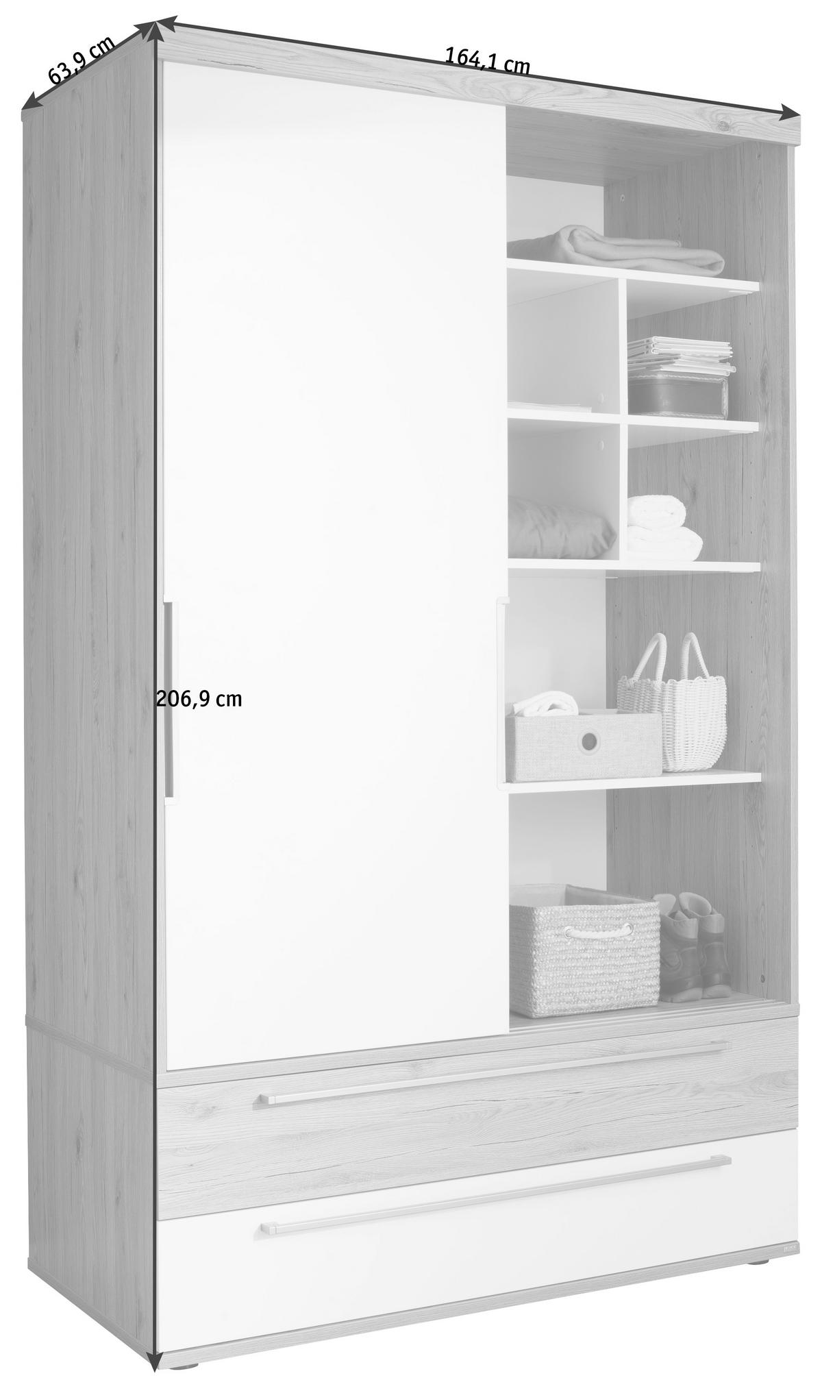 SCHIEBETÜRENSCHRANK 2-türig Weiß, Eichefarben  - Eichefarben/Silberfarben, Design, Holzwerkstoff/Metall (164,1/206,9/63,9cm) - Paidi