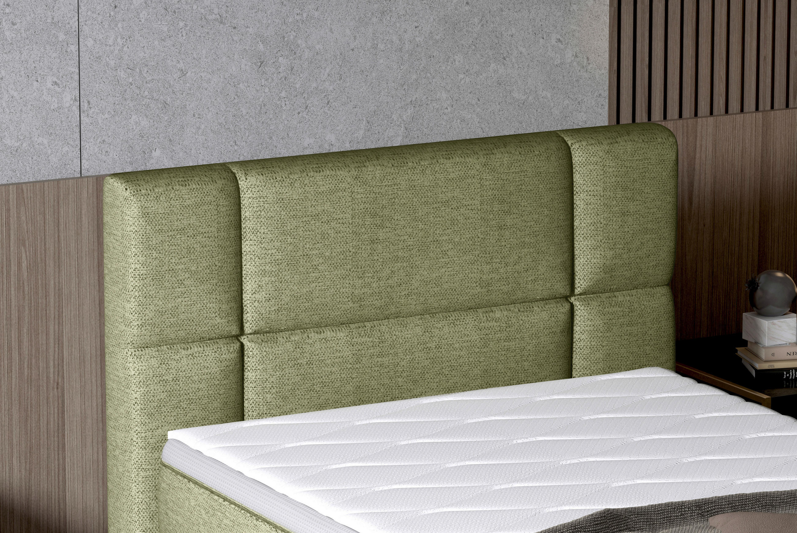 Thumbnail - Esposa Boxspringbett, Olivgrün, Textil, Kiefer, vollmassiv, H3, 7,7-Zonen, Höhe ca. 18 cm, 100x200 cm, gepolstertes Kopf...