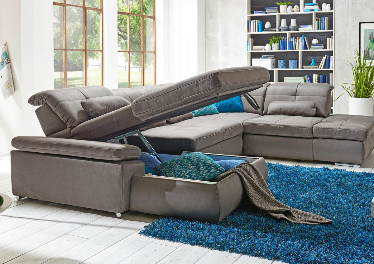WOHNLANDSCHAFT Grau Mikrofaser  - Chromfarben/Grau, Design, Textil/Metall (260/371/195cm) - Beldomo Style