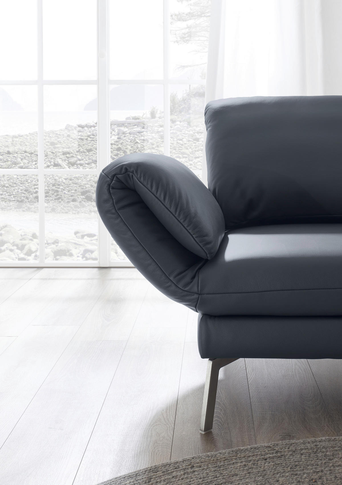 RÉCAMIERE in Echtleder Dunkelblau, Blaugrau  - Chromfarben/Blaugrau, Design, Leder/Metall (209/85-109/95-16cm) - Dieter Knoll