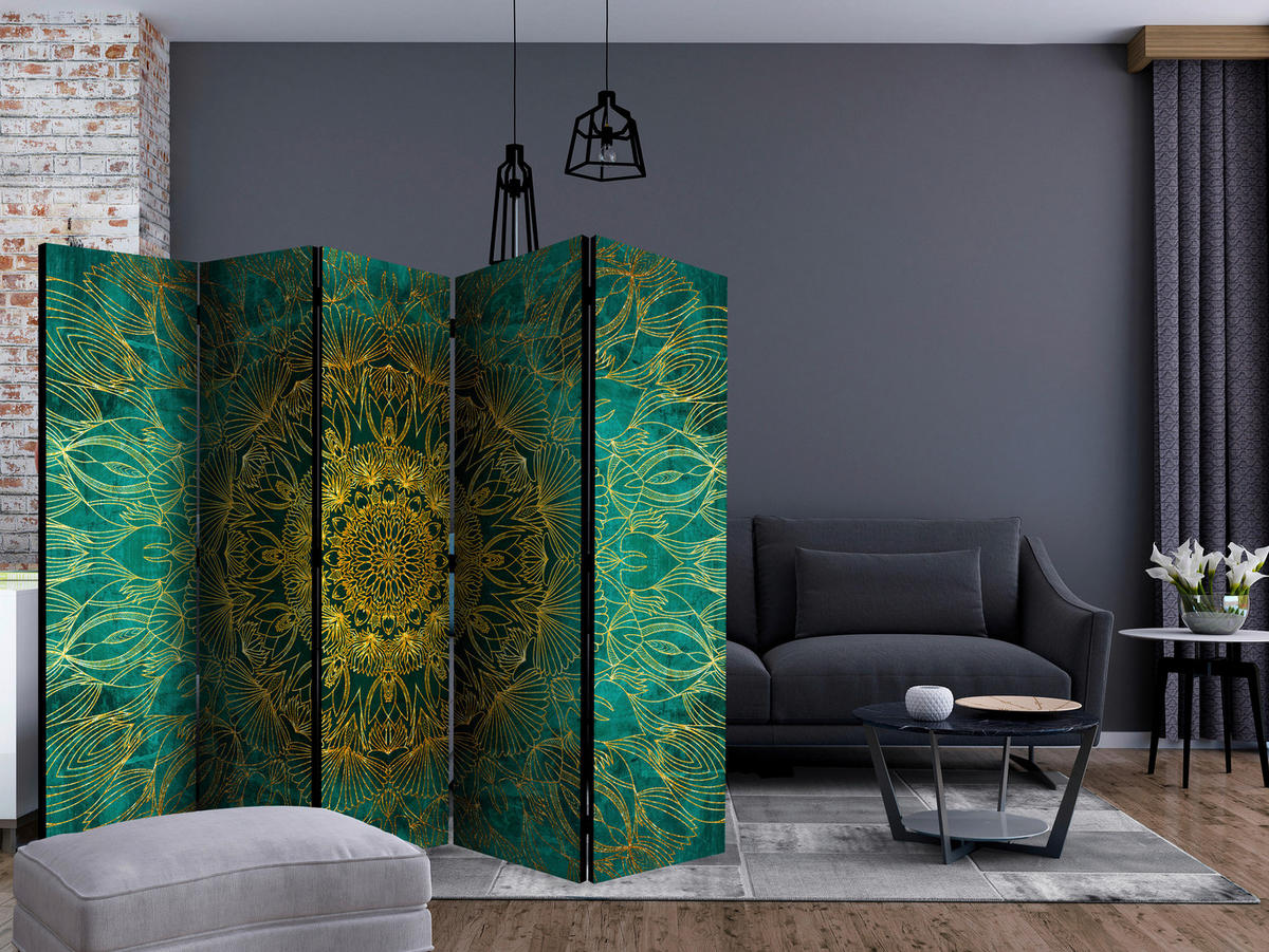 SKÄRMVÄGG  i trä, textil  turkos, guldfärgad  - turkos/guldfärgad, Basics, trä/textil (225/172/3cm) - artgeist