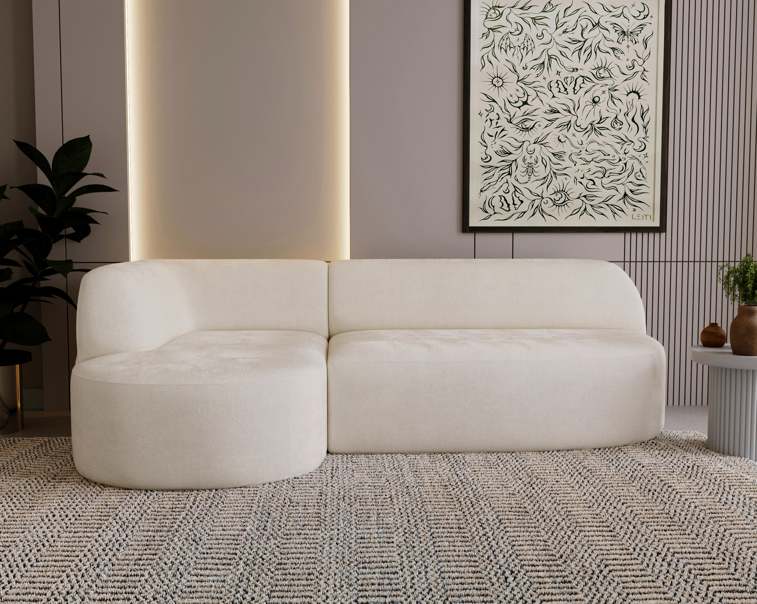 ECKSOFA Chenille Creme  - Creme/Schwarz, Design, Kunststoff/Textil (156/218cm) - Livetastic