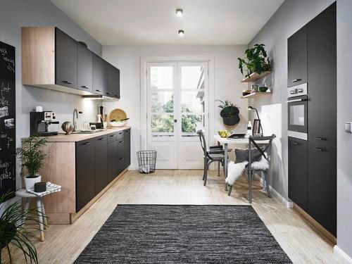 BUCĂTĂRIE FĂRĂ ELECTROCASNICE  - culoare lemn stejar/negru, Modern, metal/material pe bază de lemn (305+120cm) - Welnova