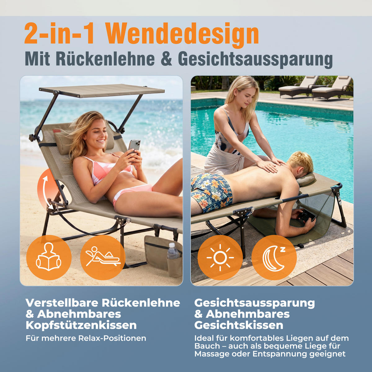 SONNENLIEGE 200/34/70 cm  - Dunkelgrau/Beige, Basics, Textil/Metall (200/34/70cm) - Modante