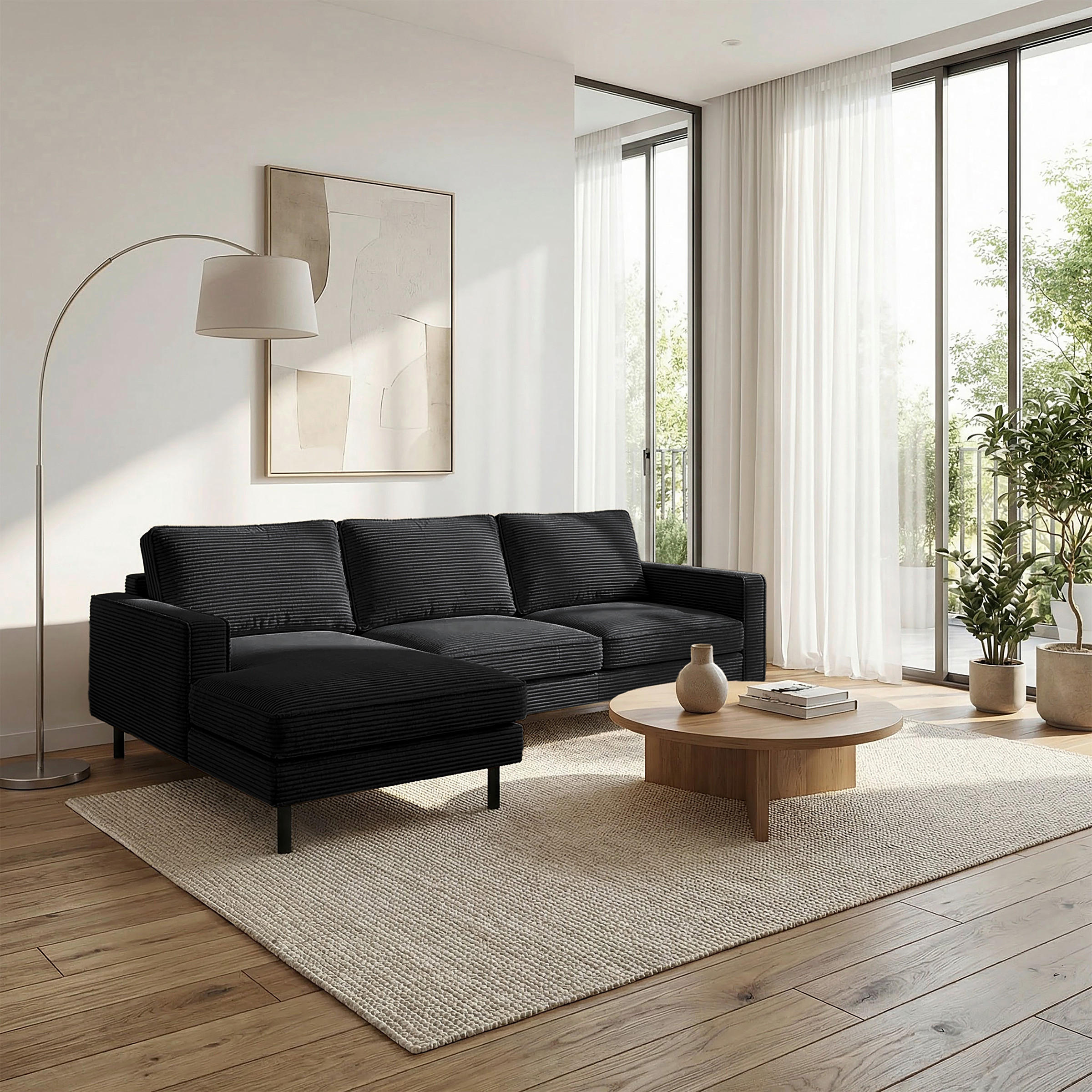 ECKSOFA  in Cord Schwarz Rücken echt  166/238 cm  - Schwarz, Design, Textil/Metall (166/238cm) - Livetastic