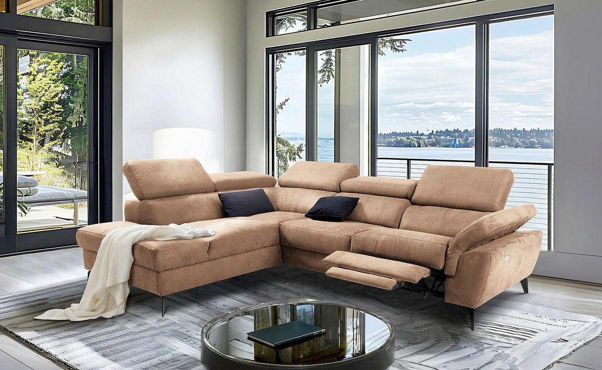 ECKSOFA SONO in Lederlook Hellbraun Armteilverstellung, Kopfteilverstellung  210/265 cm  - Hellbraun/Schwarz, Design, Textil/Metall (210/265cm) - Livetastic
