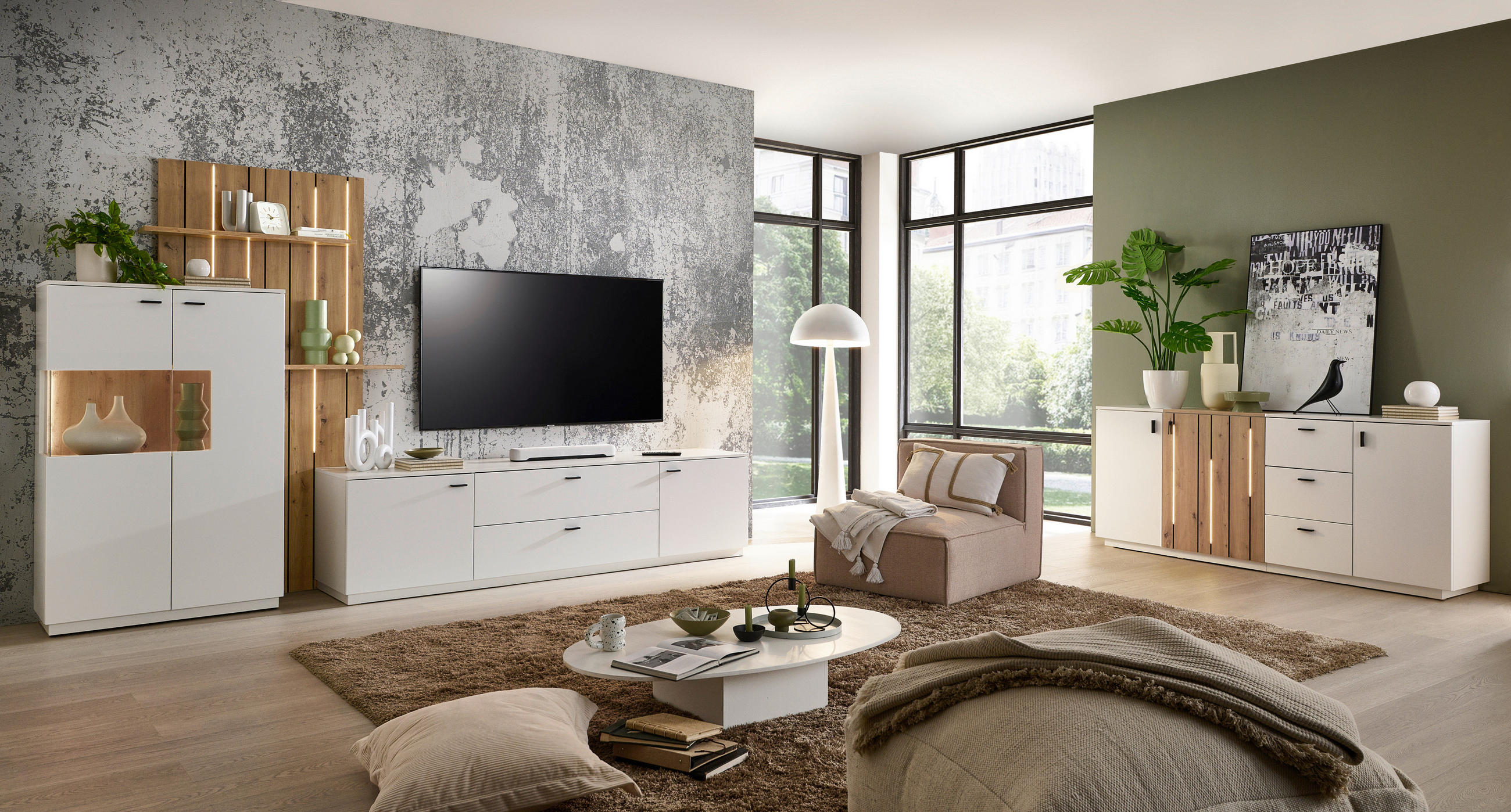 WOHNWAND  Weiss, Eiche Artisan 338/199/50 cm  - Weiss/Schwarz, Design, Glas/Holzwerkstoff (338/199/50cm) - Stylife