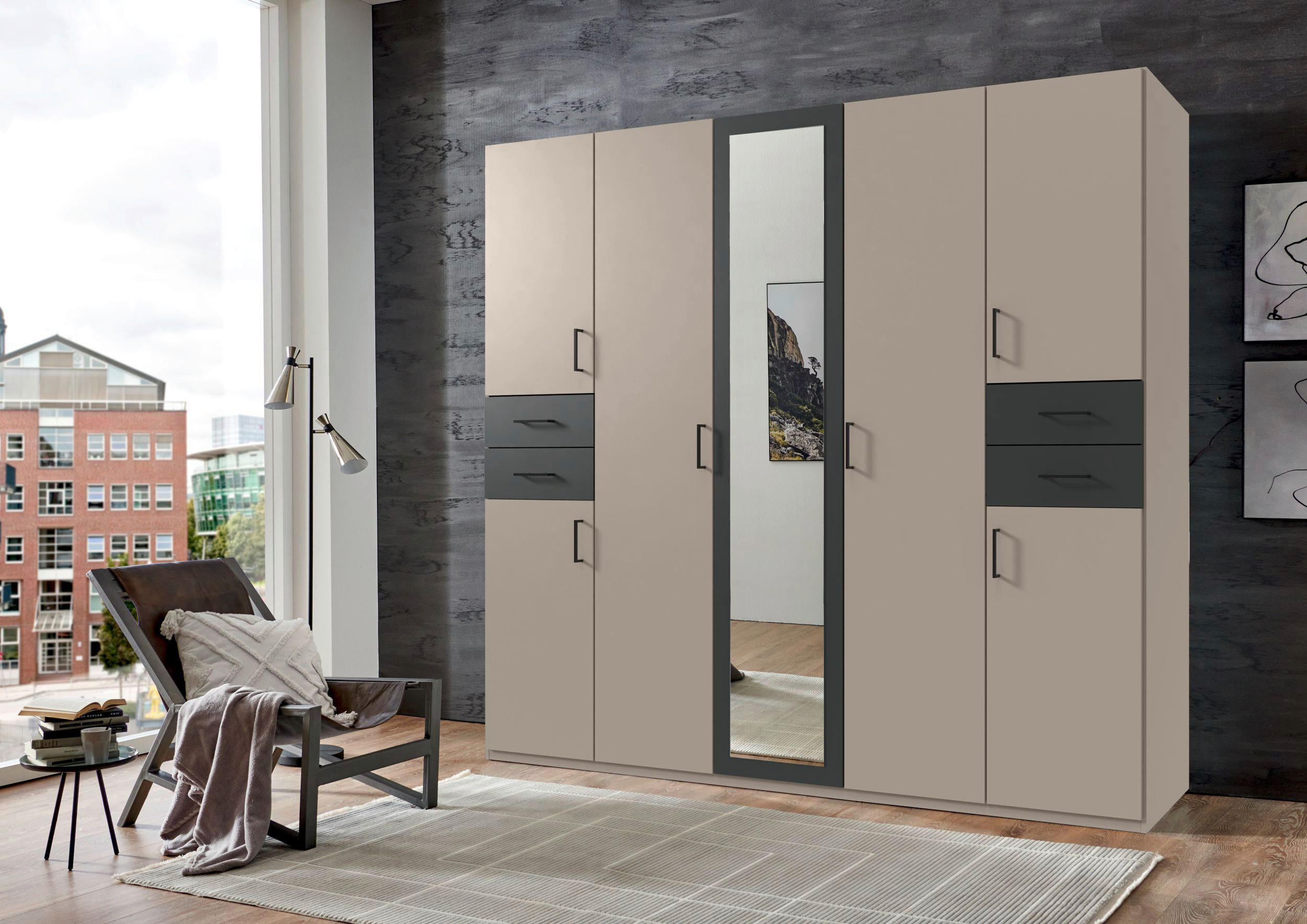 DREHTÜRENSCHRANK 225/208/58 cm 7-türig Graphitfarben, Grau, Sahara  - Schwarz/Graphitfarben, Basics, Glas/Holzwerkstoff (225/208/58cm) - MID.YOU
