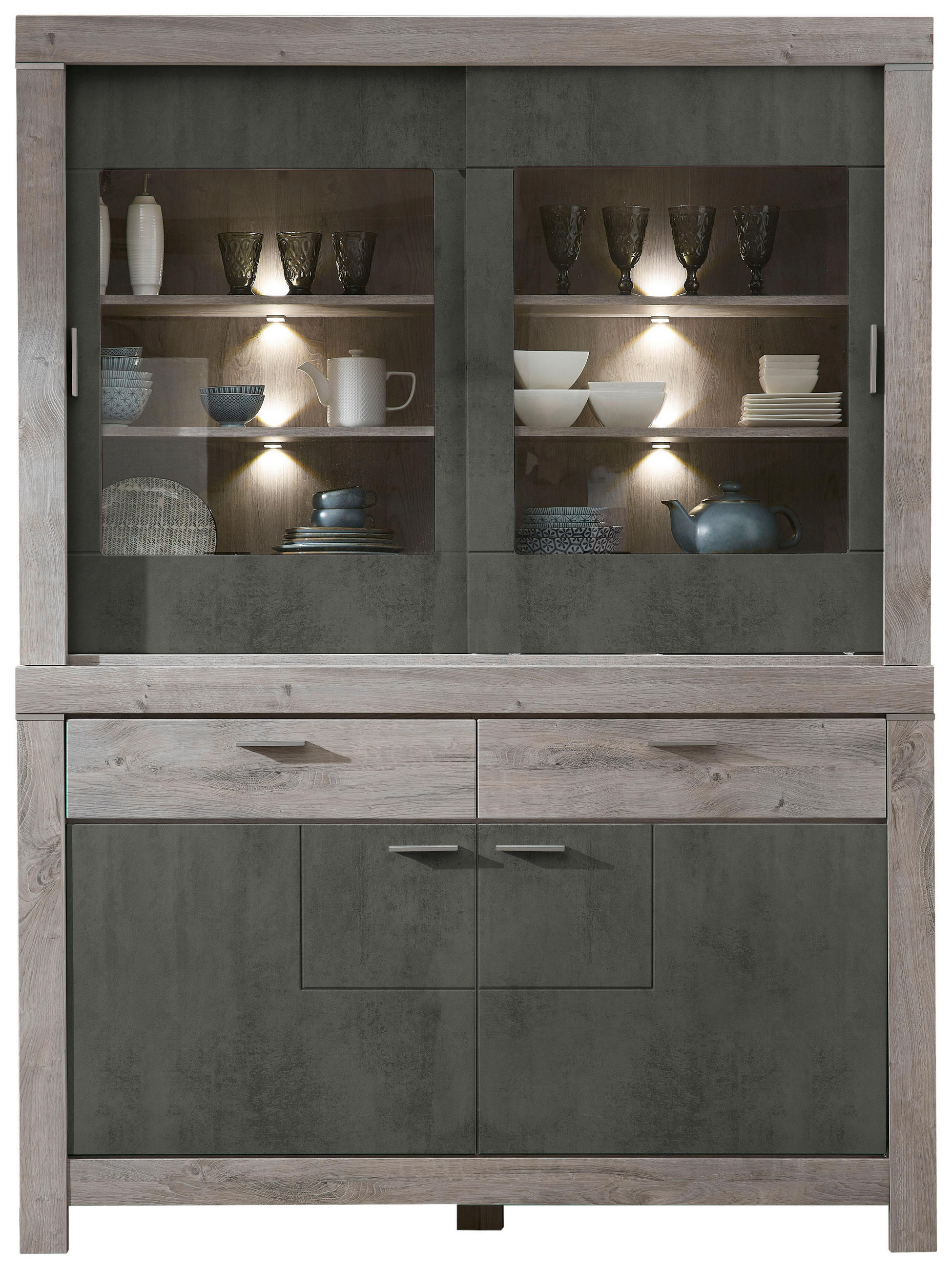 VITRINENKOMBINATION Grau, Eichefarben - Eichefarben/Silberfarben, LIFESTYLE, Glas/Holzwerkstoff (157/211/43cm) - Landscape